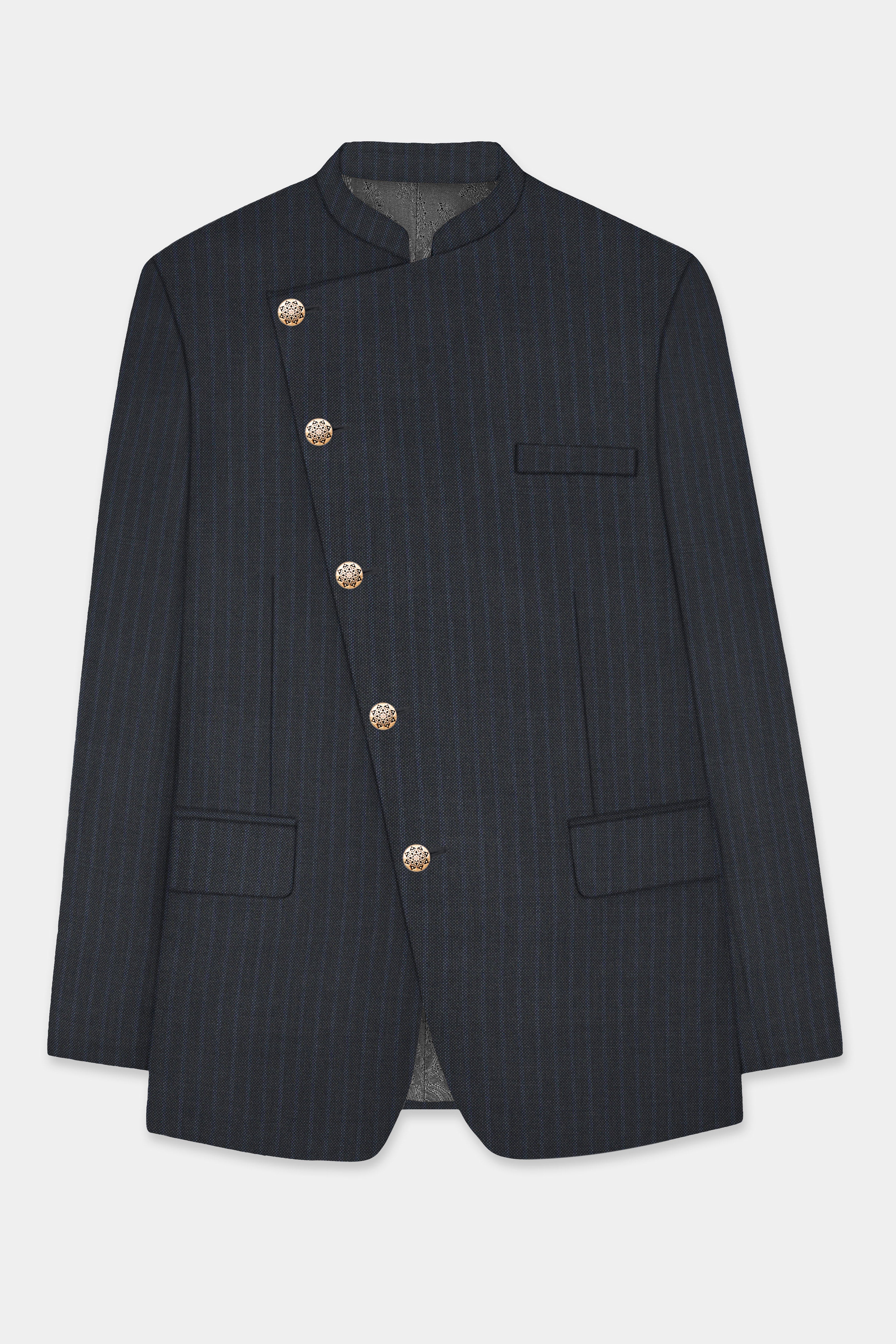 GraphiteSlim-Mine Shaft Gray Stripes Dobby Textured Wool Rich Cross Placket Bandhgala Blazer