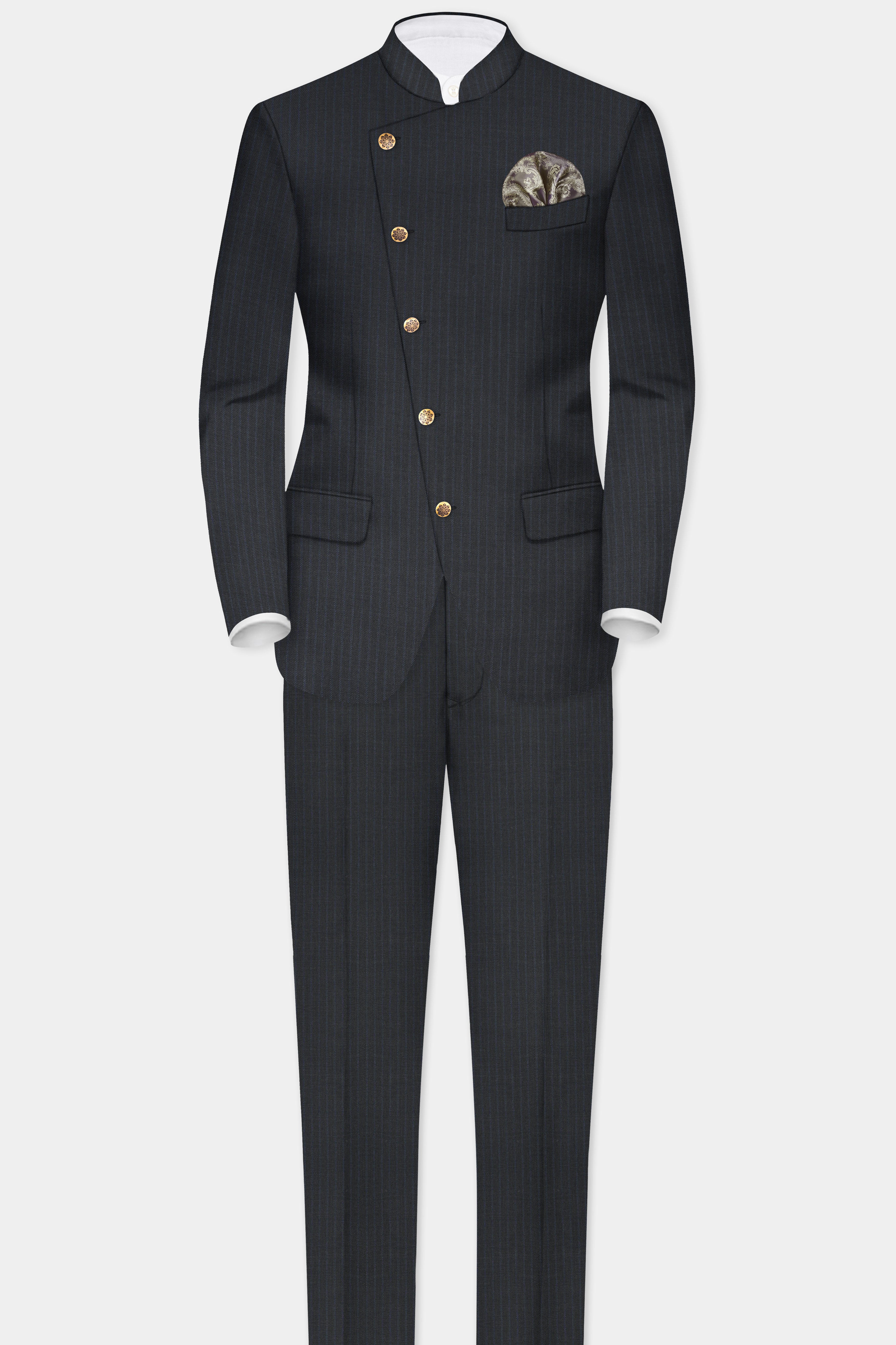 GraphiteSlim-Mine Shaft Gray Stripes Dobby Textured Wool Rich Cross Placket Bandhgala Blazer