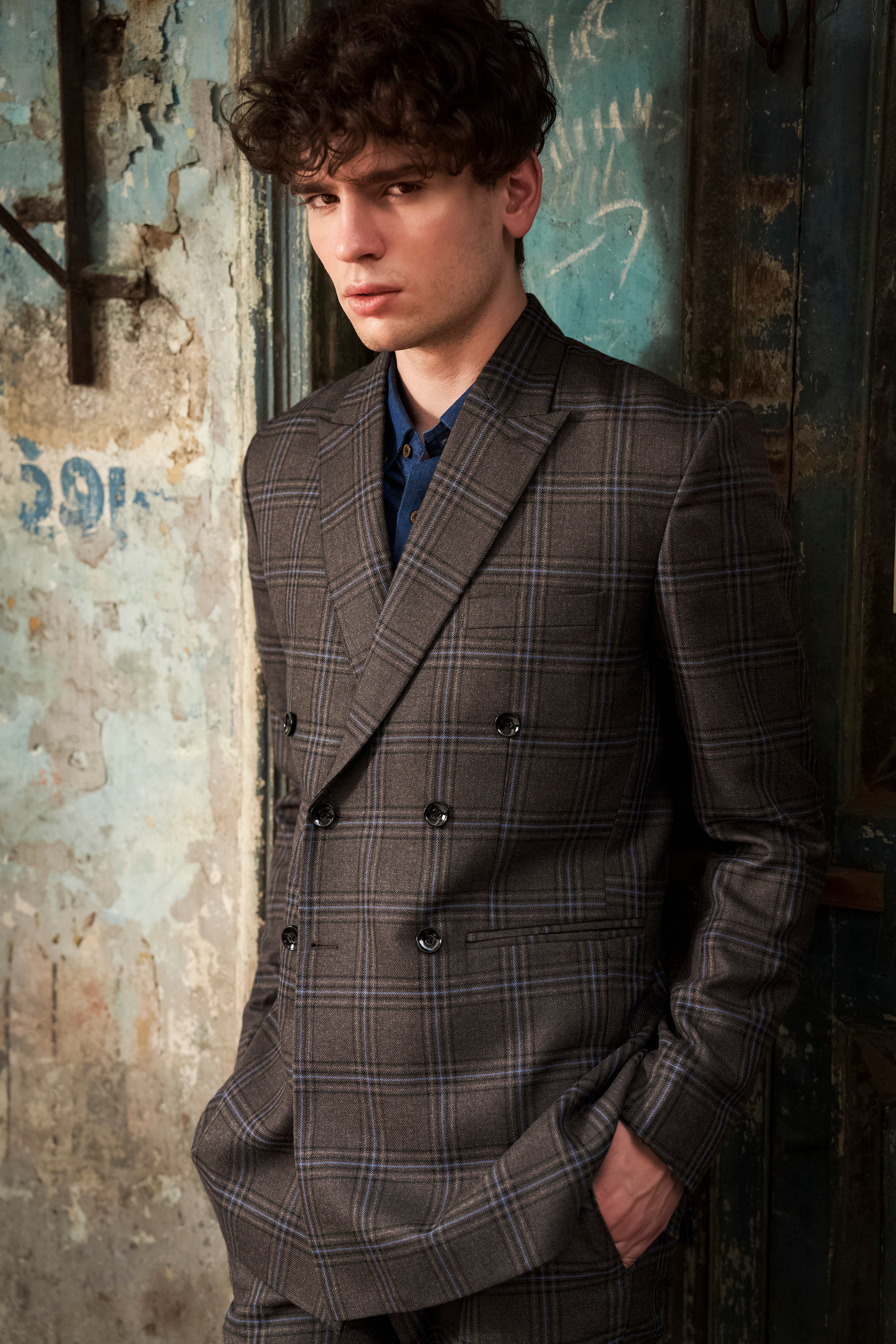 Tweed Crest-Bistre Brown Plaid Double Breasted Blazer