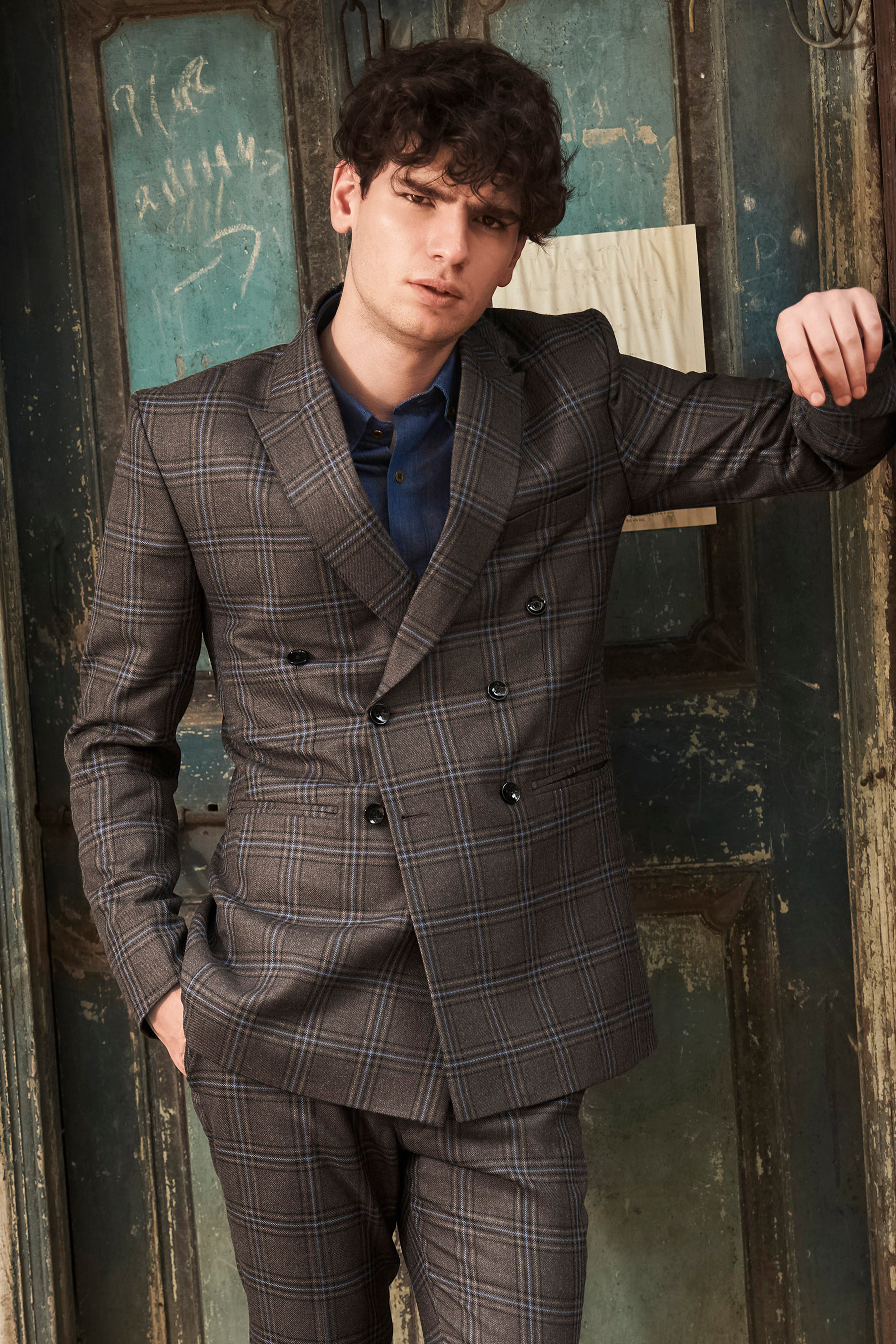 Tweed Crest-Bistre Brown Plaid Double Breasted Blazer