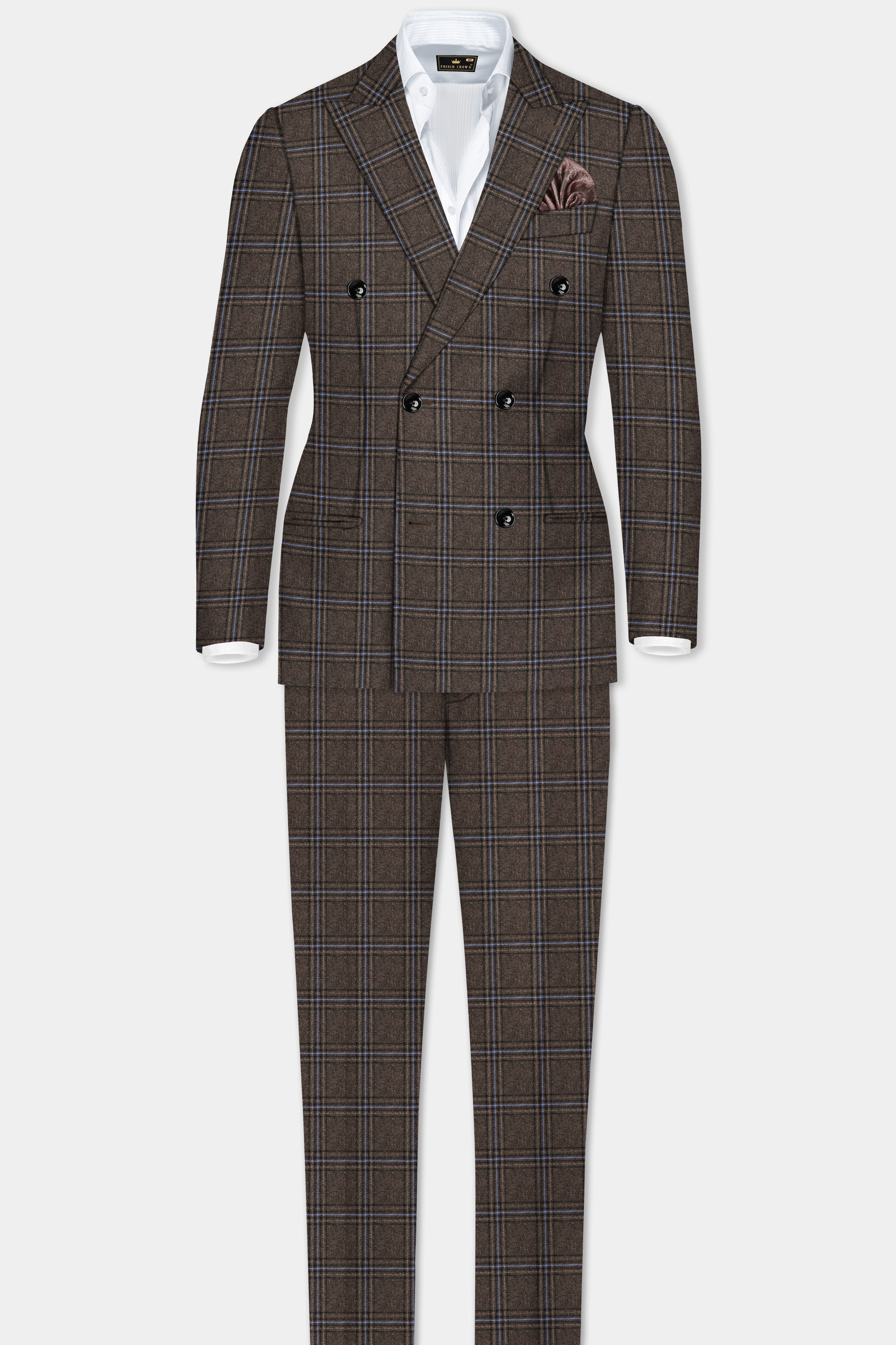 Tweed Crest-Bistre Brown Plaid Double Breasted Blazer