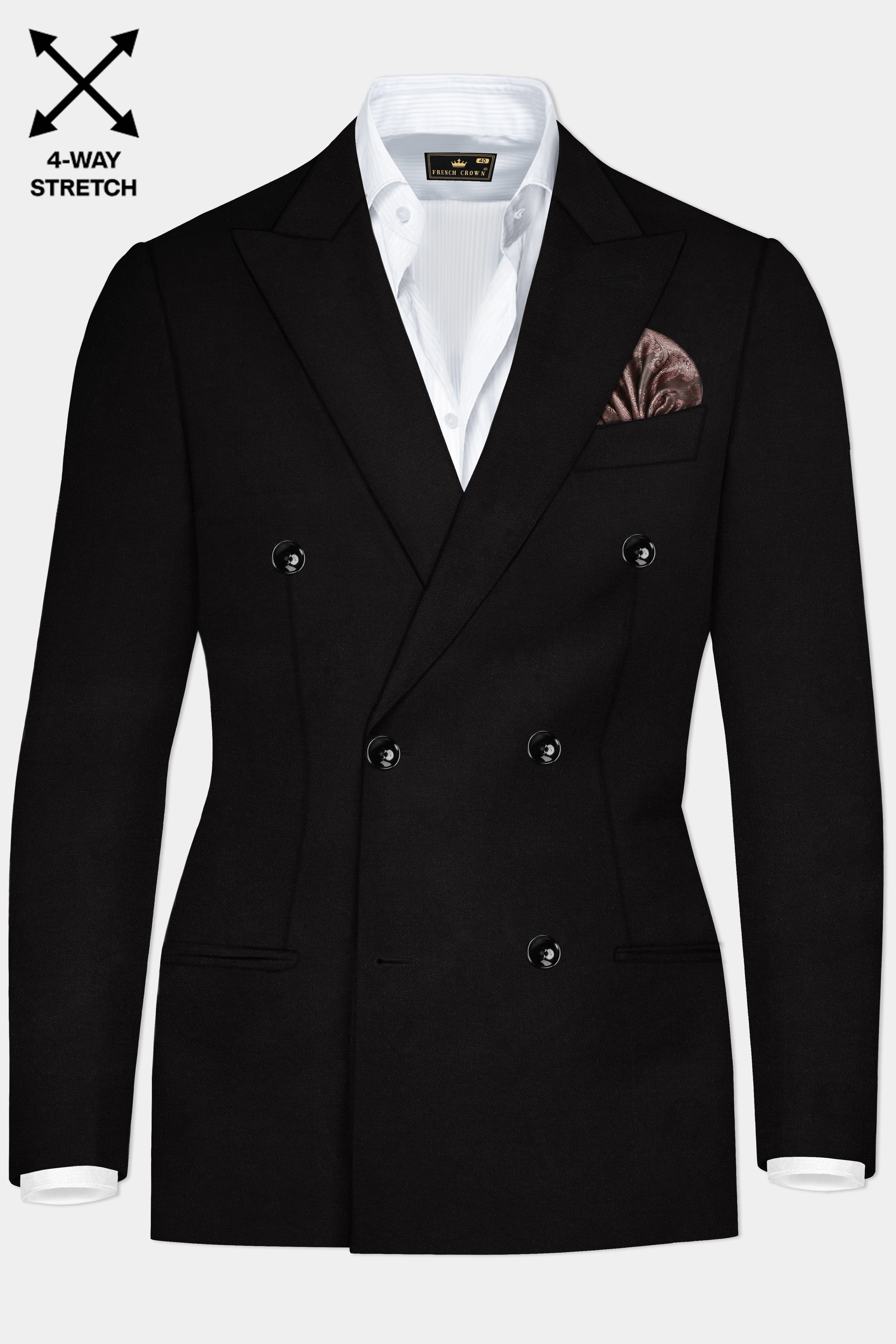 NoirFlex-Jade Black 4-Way Stretch Textured Double Breasted Blazer