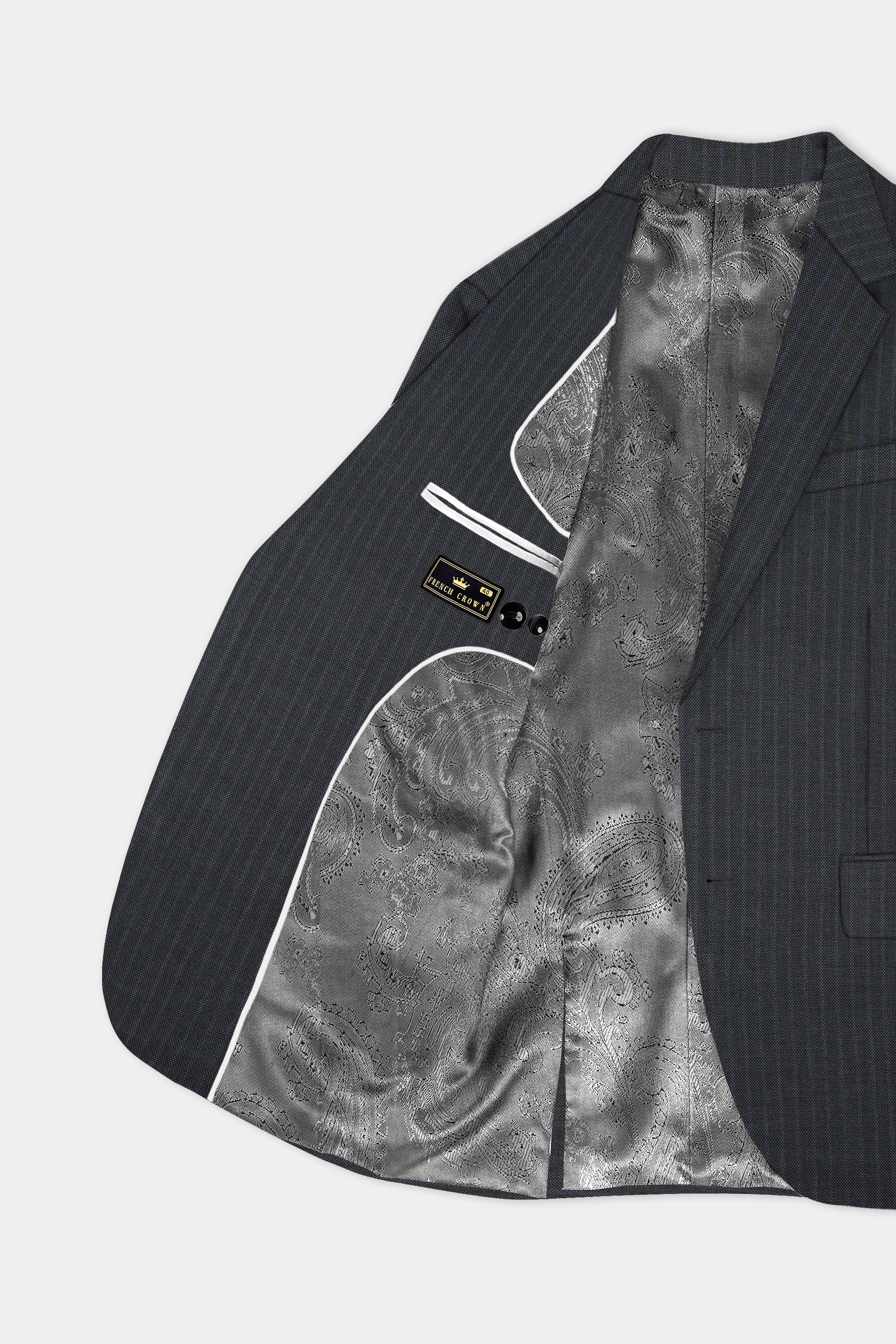 GraphiteSlim-Mine Shaft Gray Stripes Dobby Textured Wool Rich Single Breasted Slim Lapel Blazer