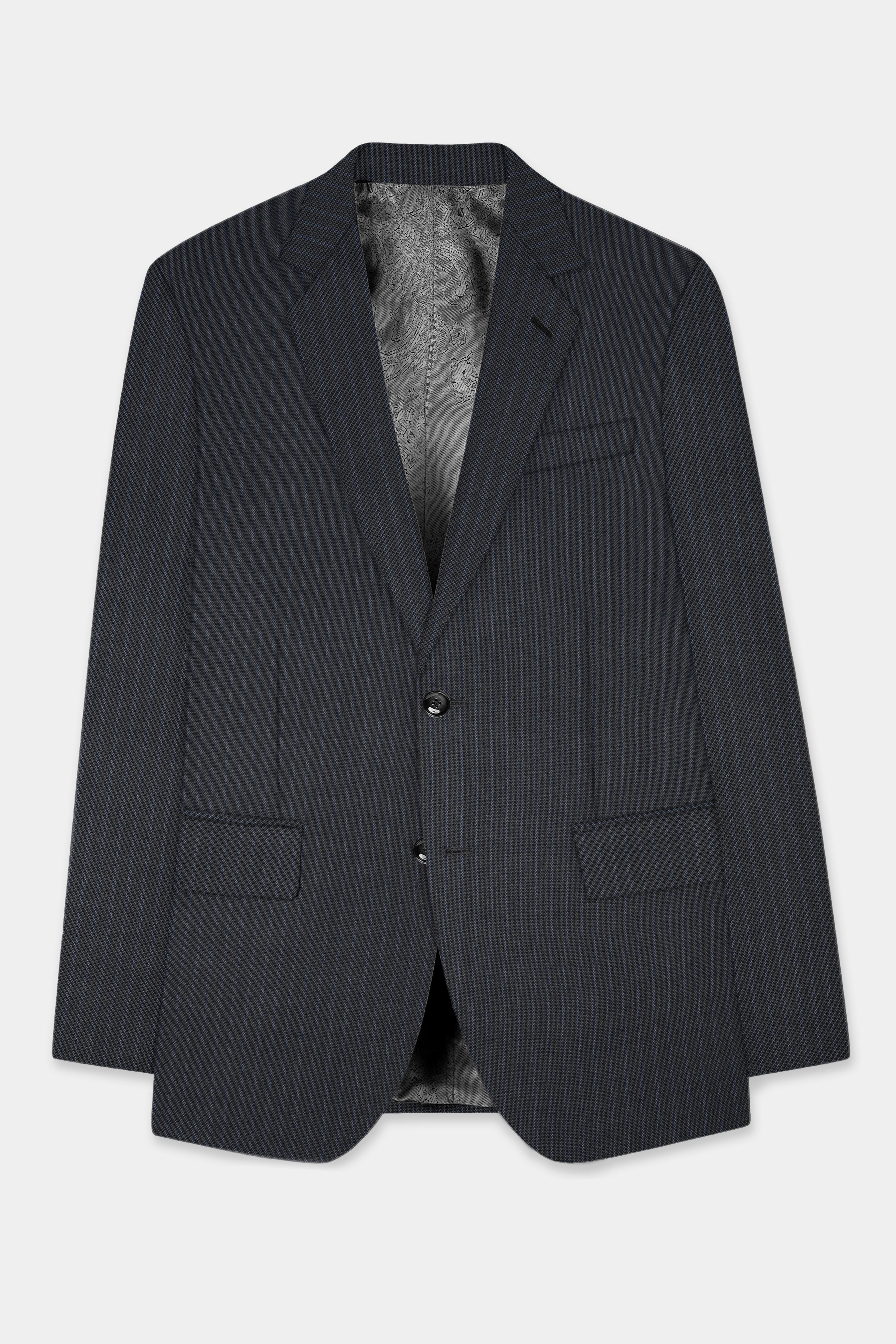 GraphiteSlim-Mine Shaft Gray Stripes Dobby Textured Wool Rich Single Breasted Slim Lapel Blazer