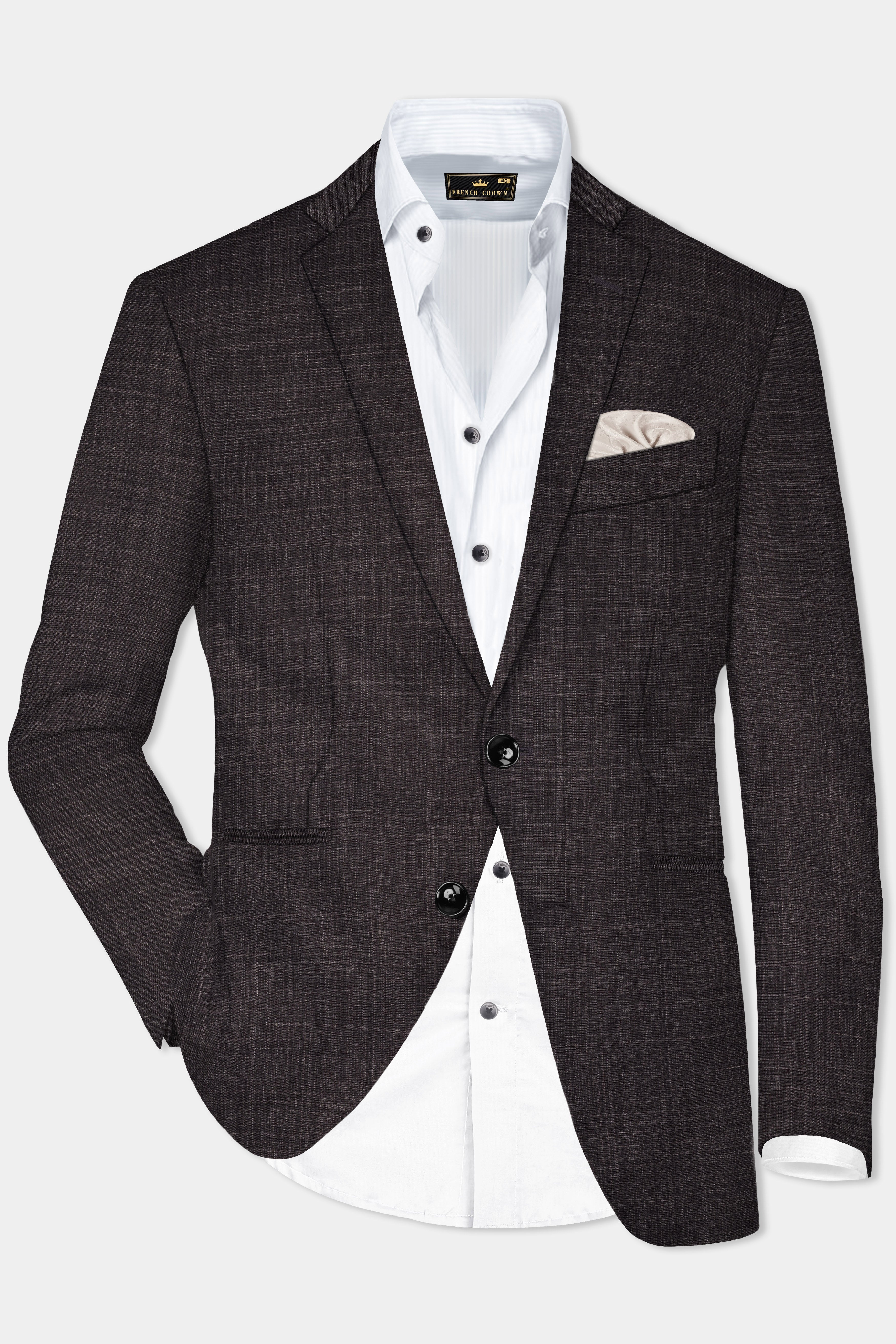 CaféNoir-Piano Brown Textured Wool Rich Single Breasted Slim Lapel Blazer