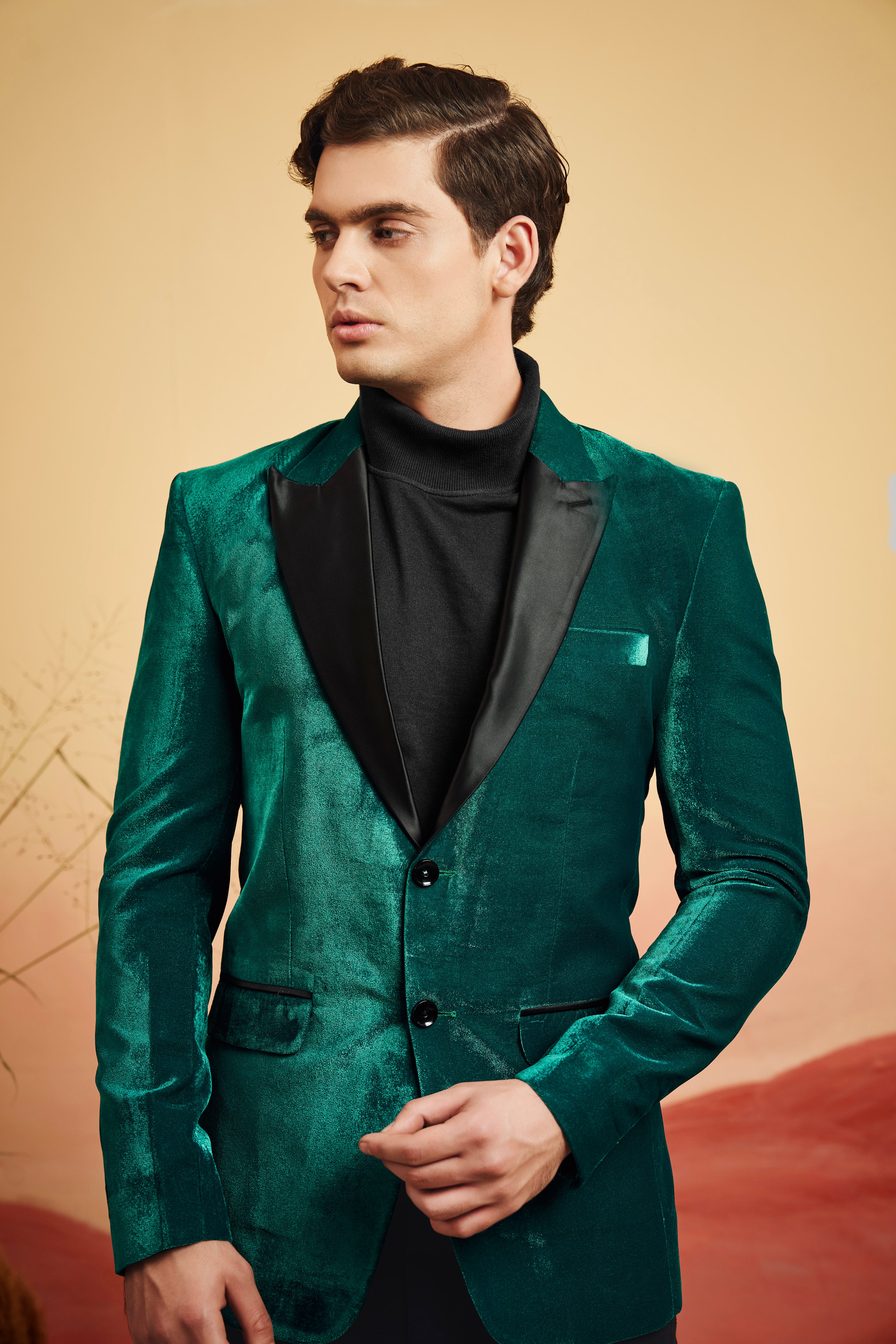 Emerald-Daintree Green Textured Velvet Peak Collar Tuxedo Blazer