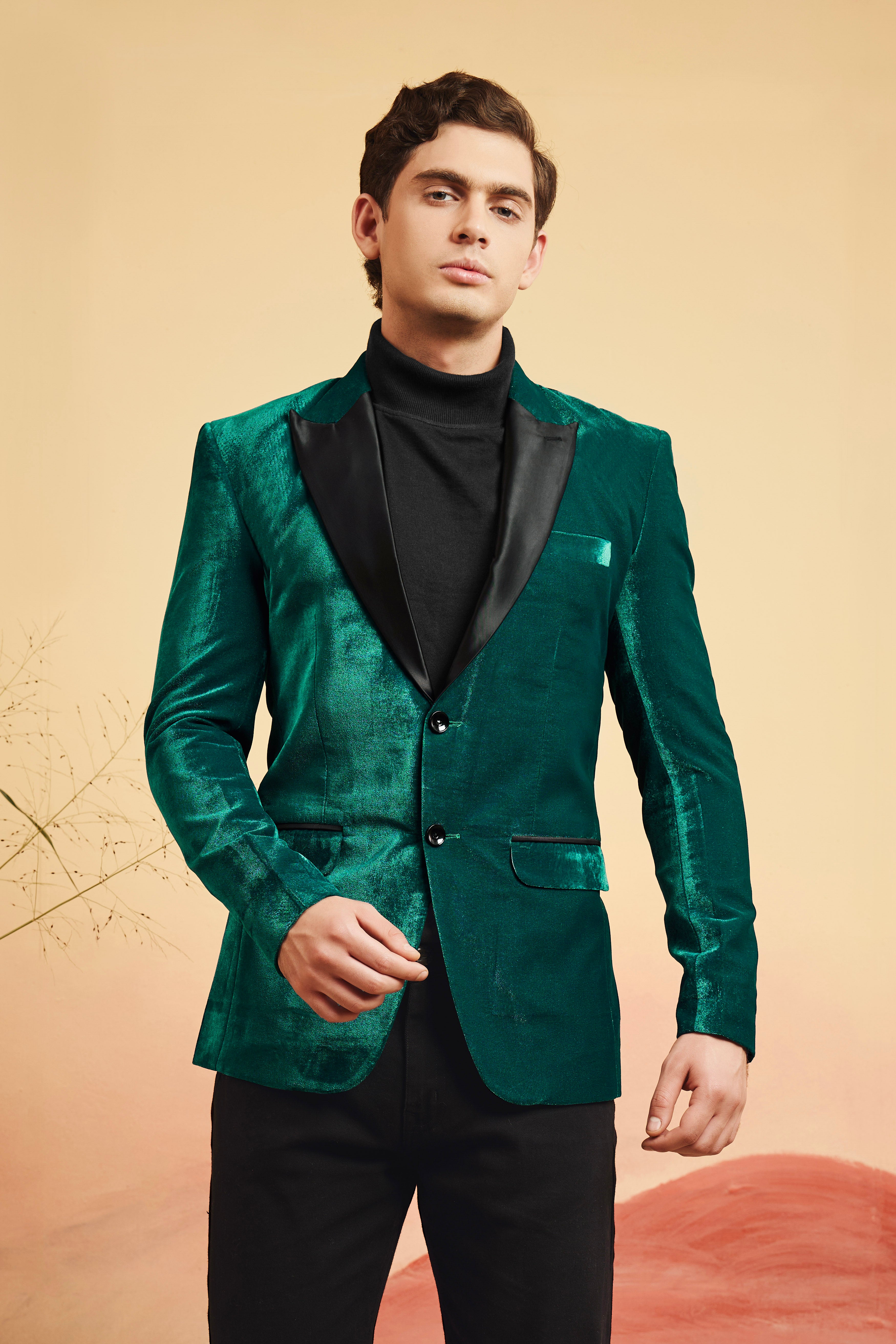 Emerald-Daintree Green Textured Velvet Peak Collar Tuxedo Blazer