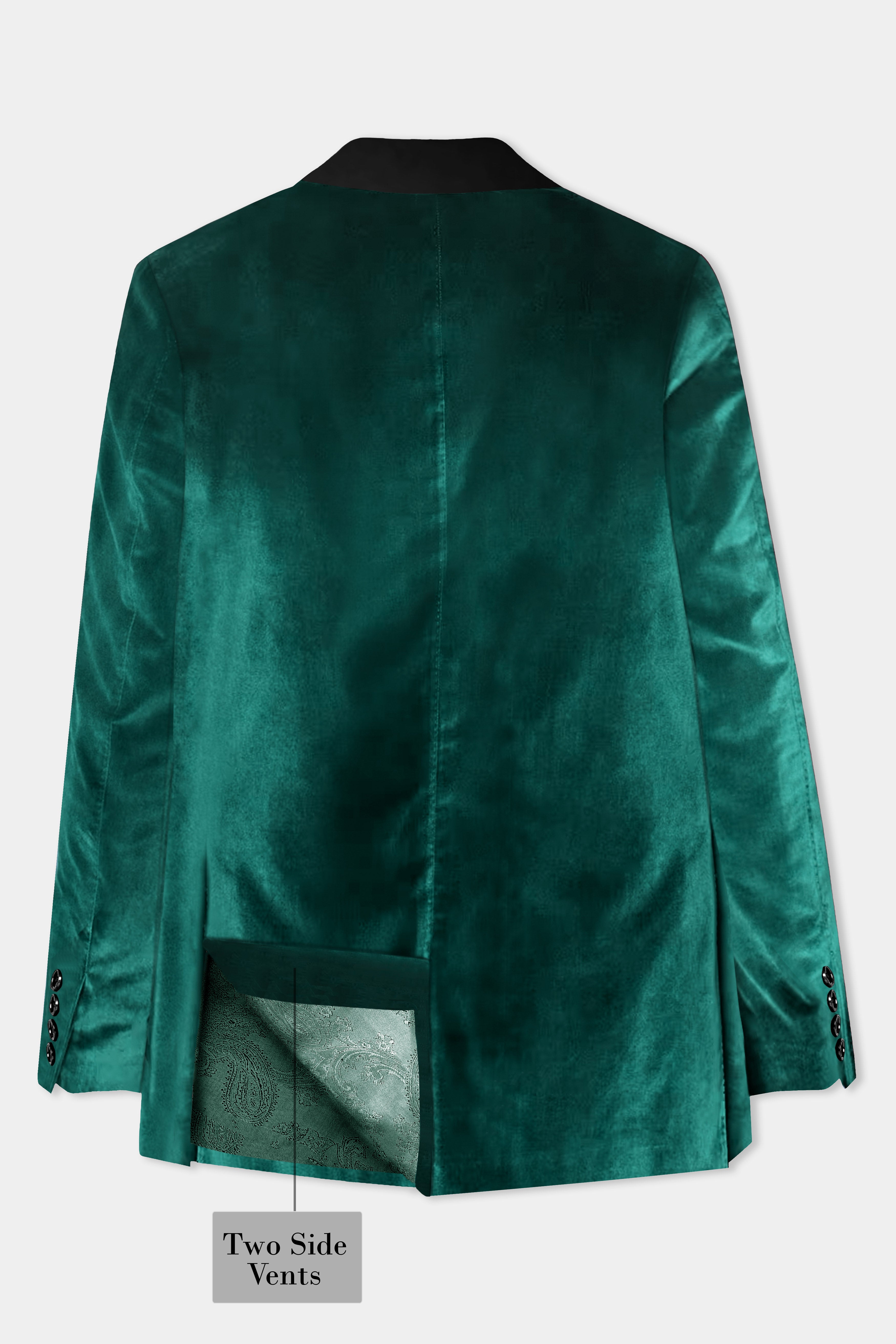 Emerald-Daintree Green Textured Velvet Peak Collar Tuxedo Blazer