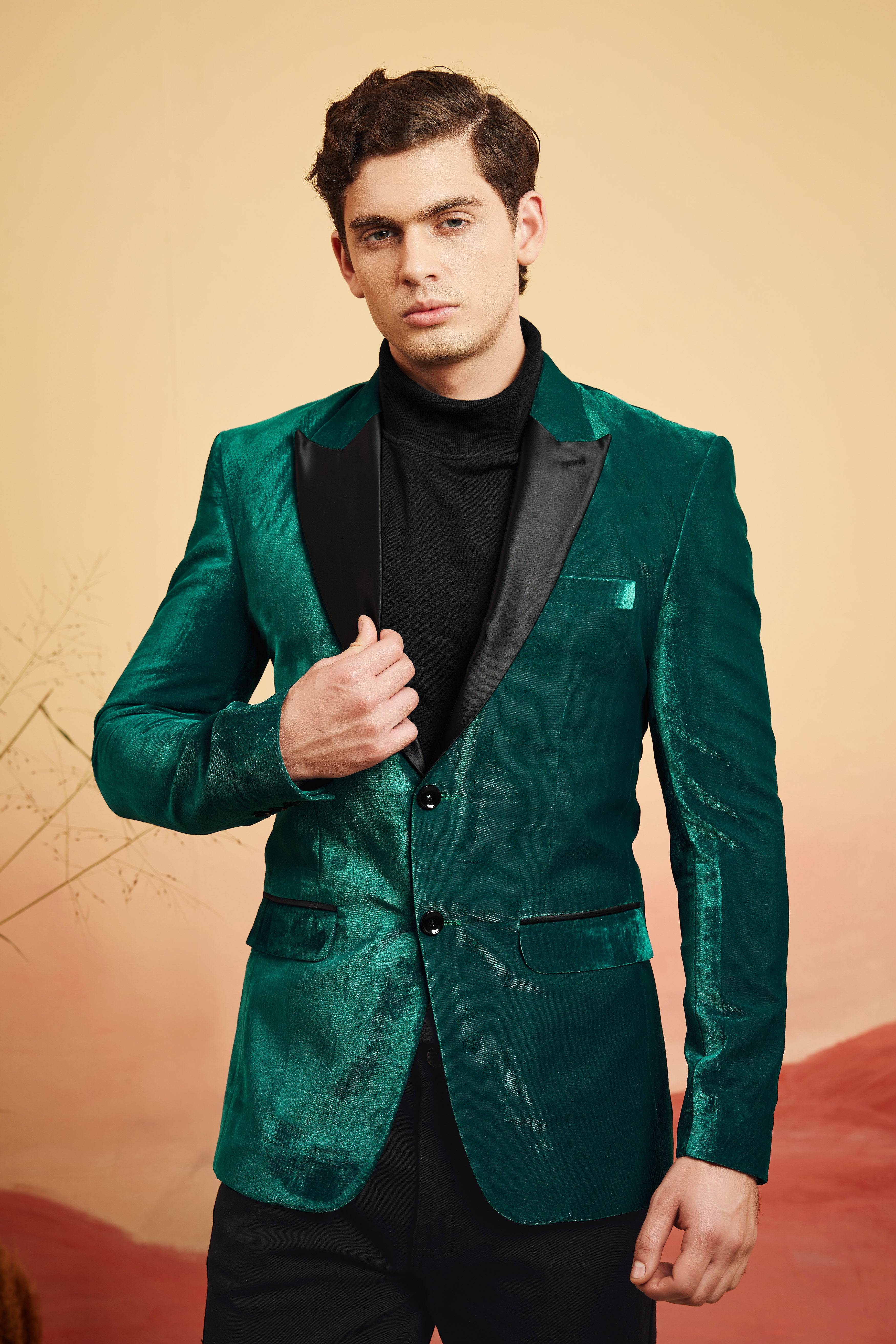 Emerald-Daintree Green Textured Velvet Peak Collar Tuxedo Blazer