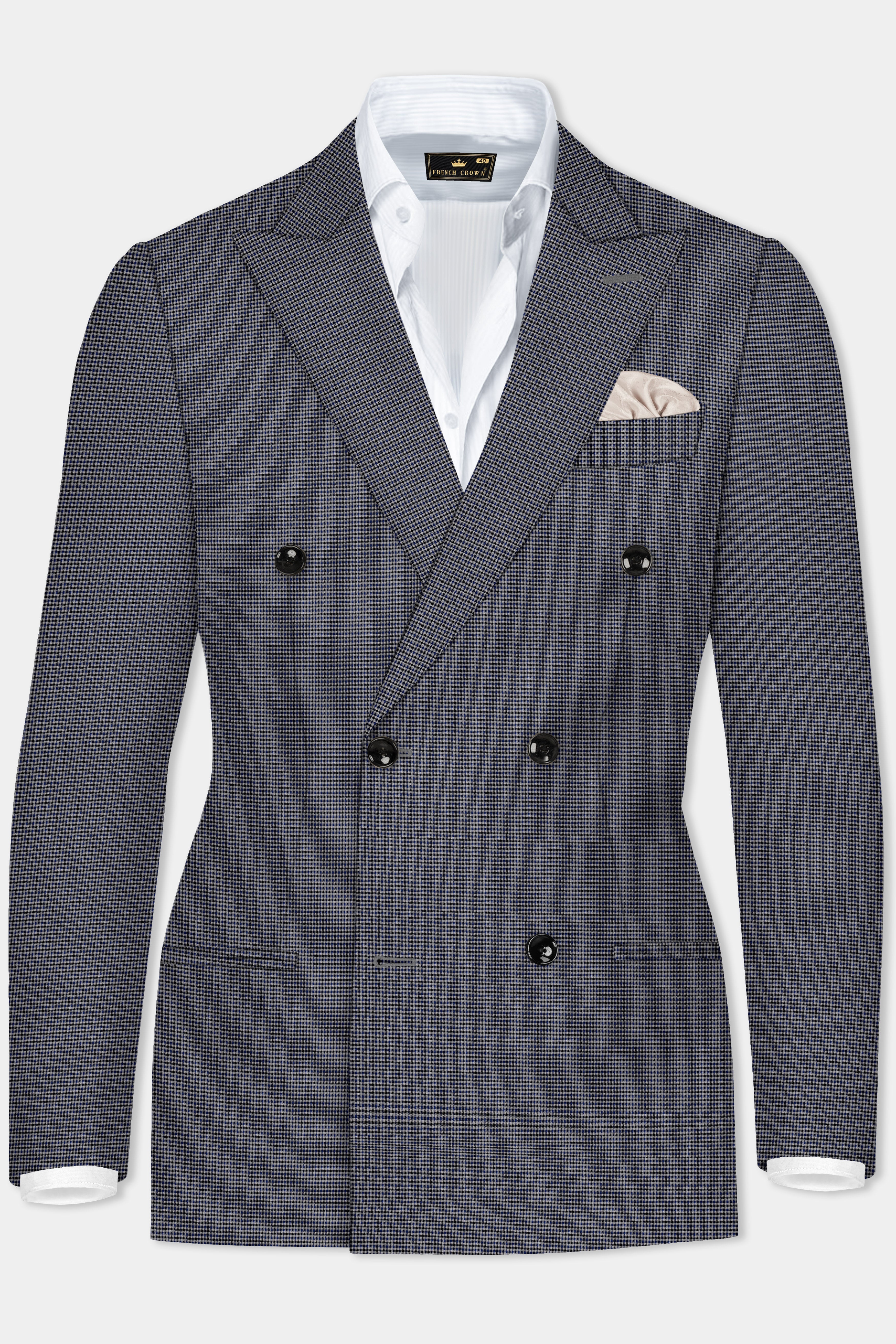 Titan-Downriver Blue And Piano Gray Gingham Checked Wool Rich Double Breasted Blazer