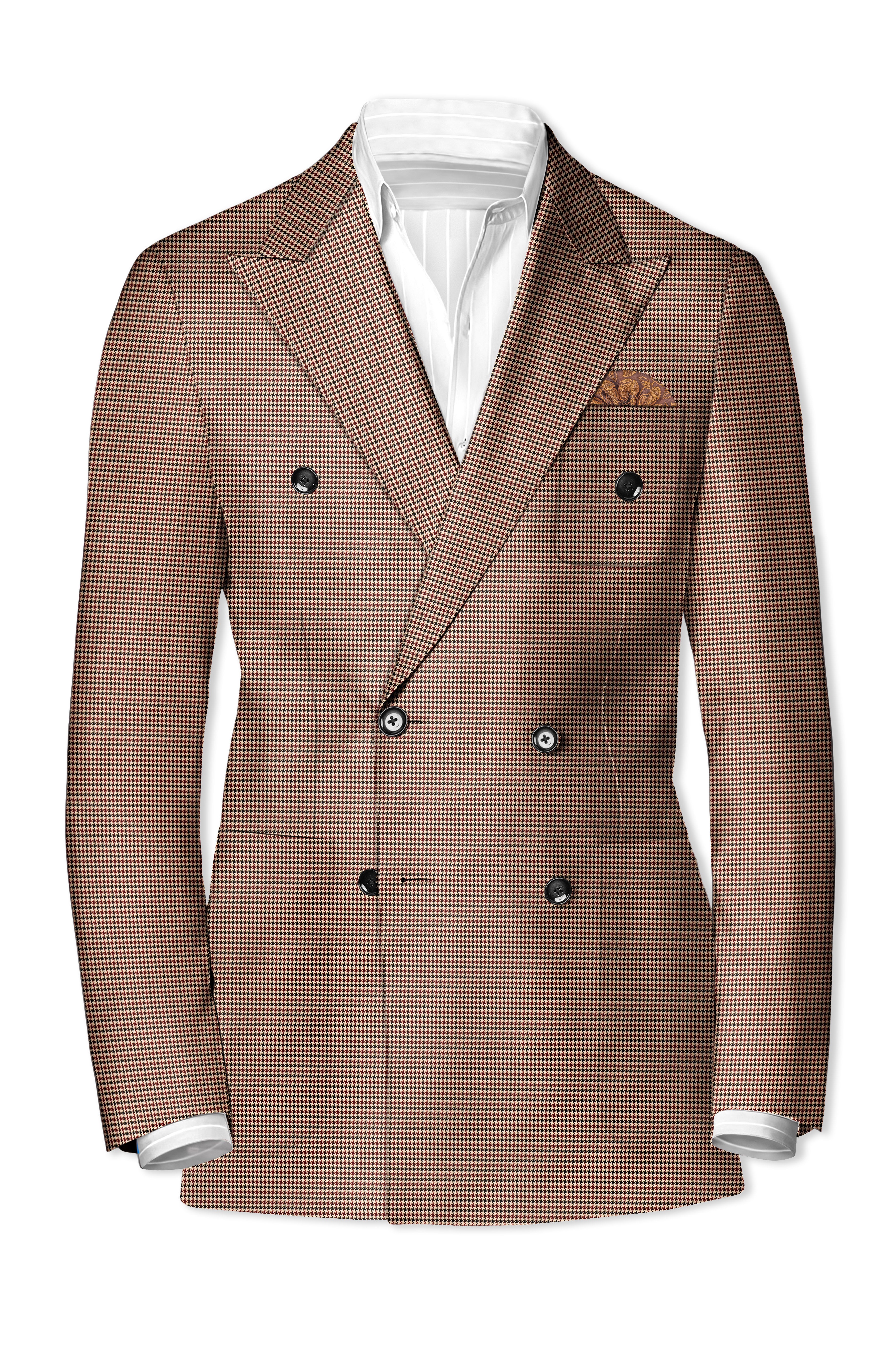 Majestic Rouge-Lotus Red And Almond Cream houndstooth Textured Wool Rich Double Breasted Sports Blazer