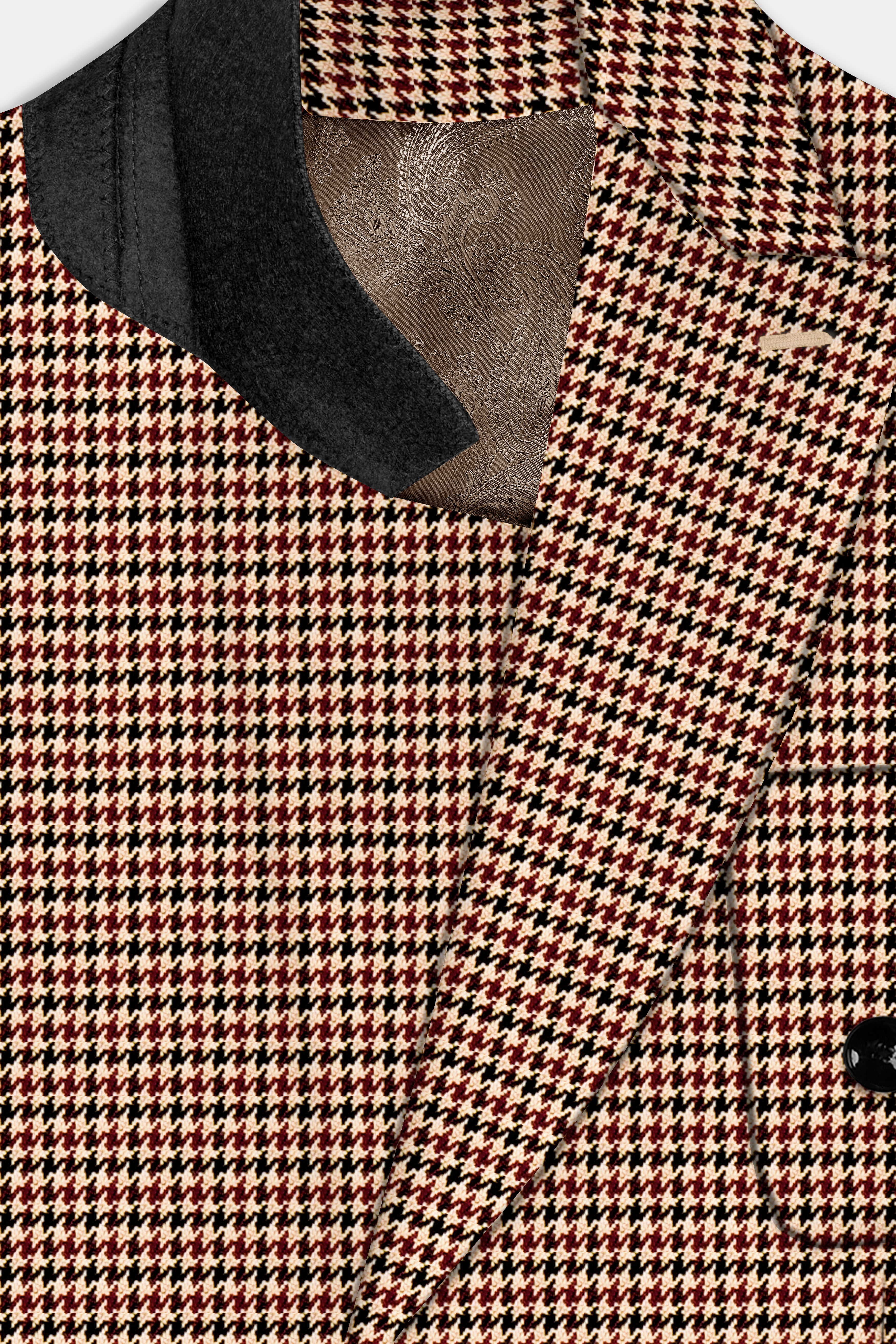 Majestic Rouge-Lotus Red And Almond Cream houndstooth Textured Wool Rich Double Breasted Sports Blazer