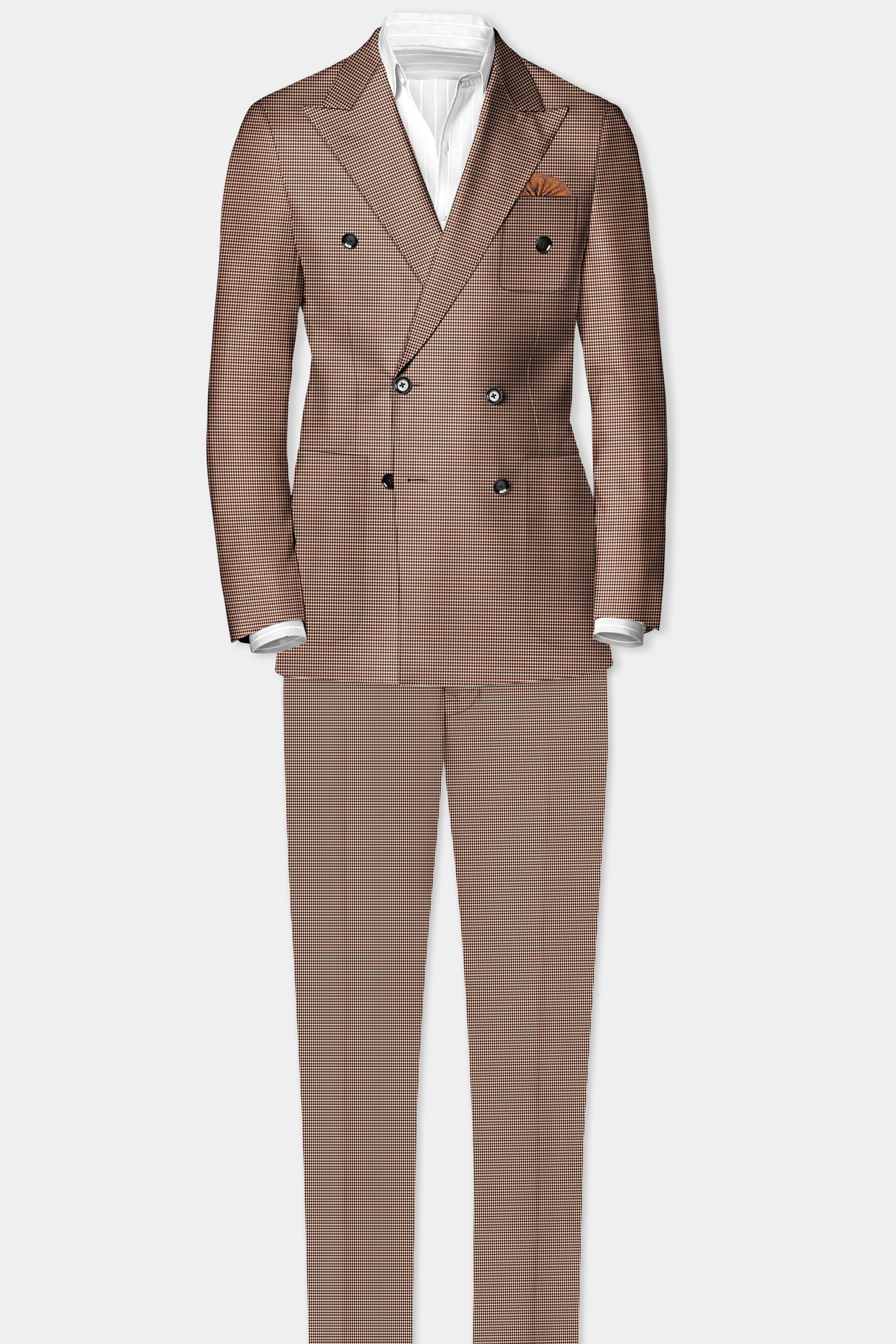 Majestic Rouge-Lotus Red And Almond Cream houndstooth Textured Wool Rich Double Breasted Sports Blazer