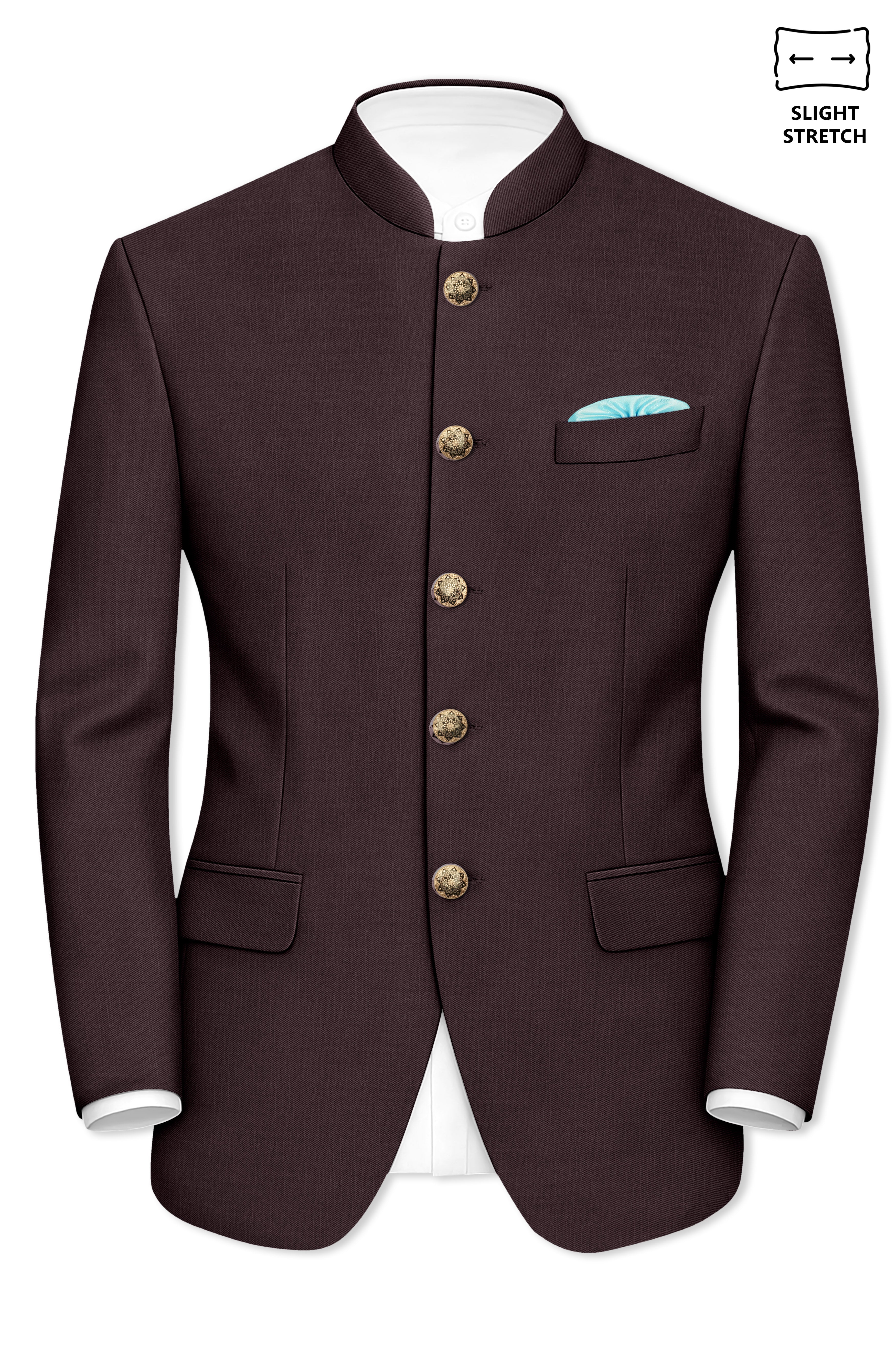 Espresso-Hickory Brown Solid Wool Rich Bandhgala Slight Stretch Blazer