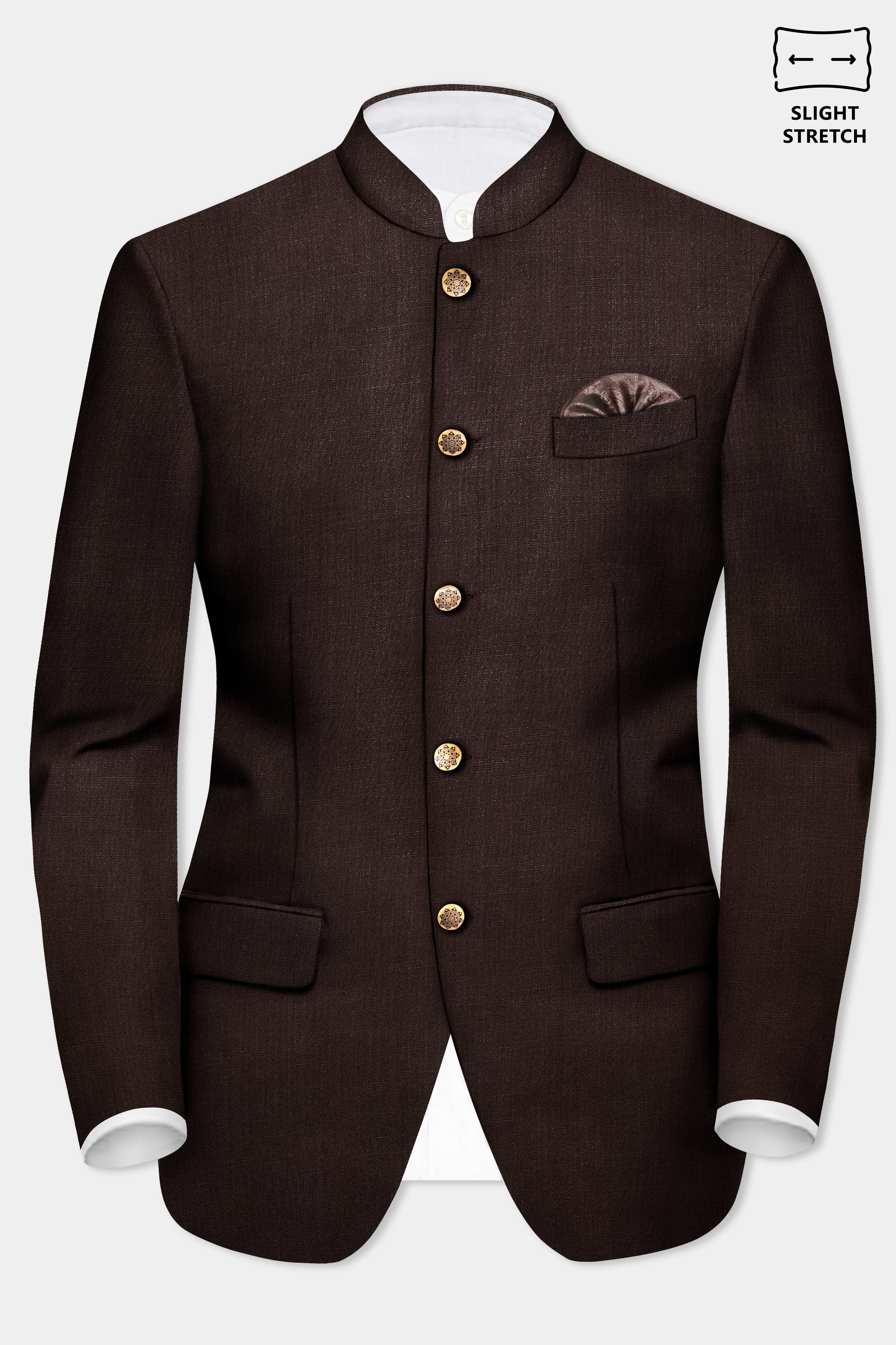 Espresso-Hickory Brown Solid Wool Rich Bandhgala Slight Stretch Blazer