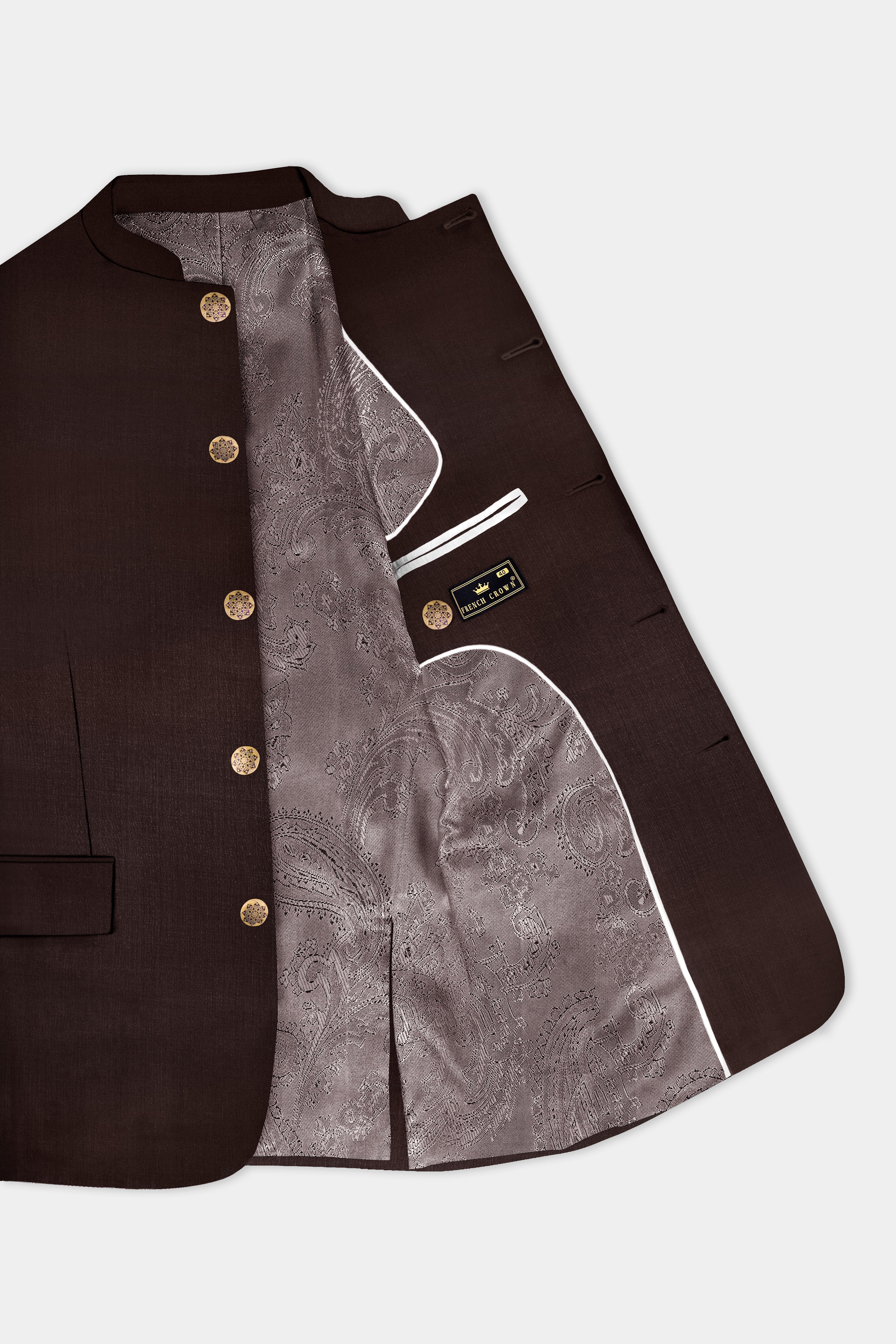 Espresso-Hickory Brown Solid Wool Rich Bandhgala Slight Stretch Blazer