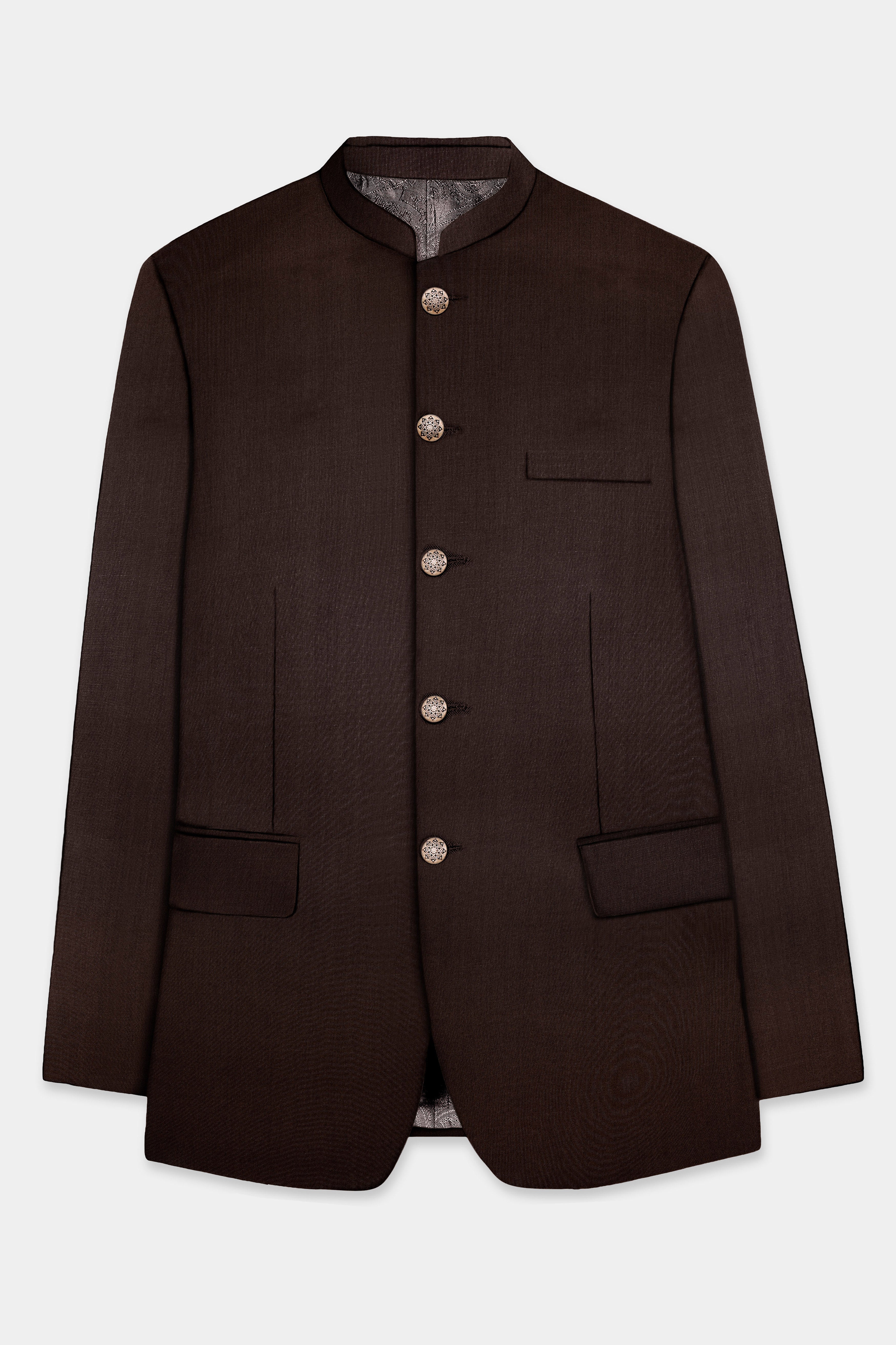 Espresso-Hickory Brown Solid Wool Rich Bandhgala Slight Stretch Blazer