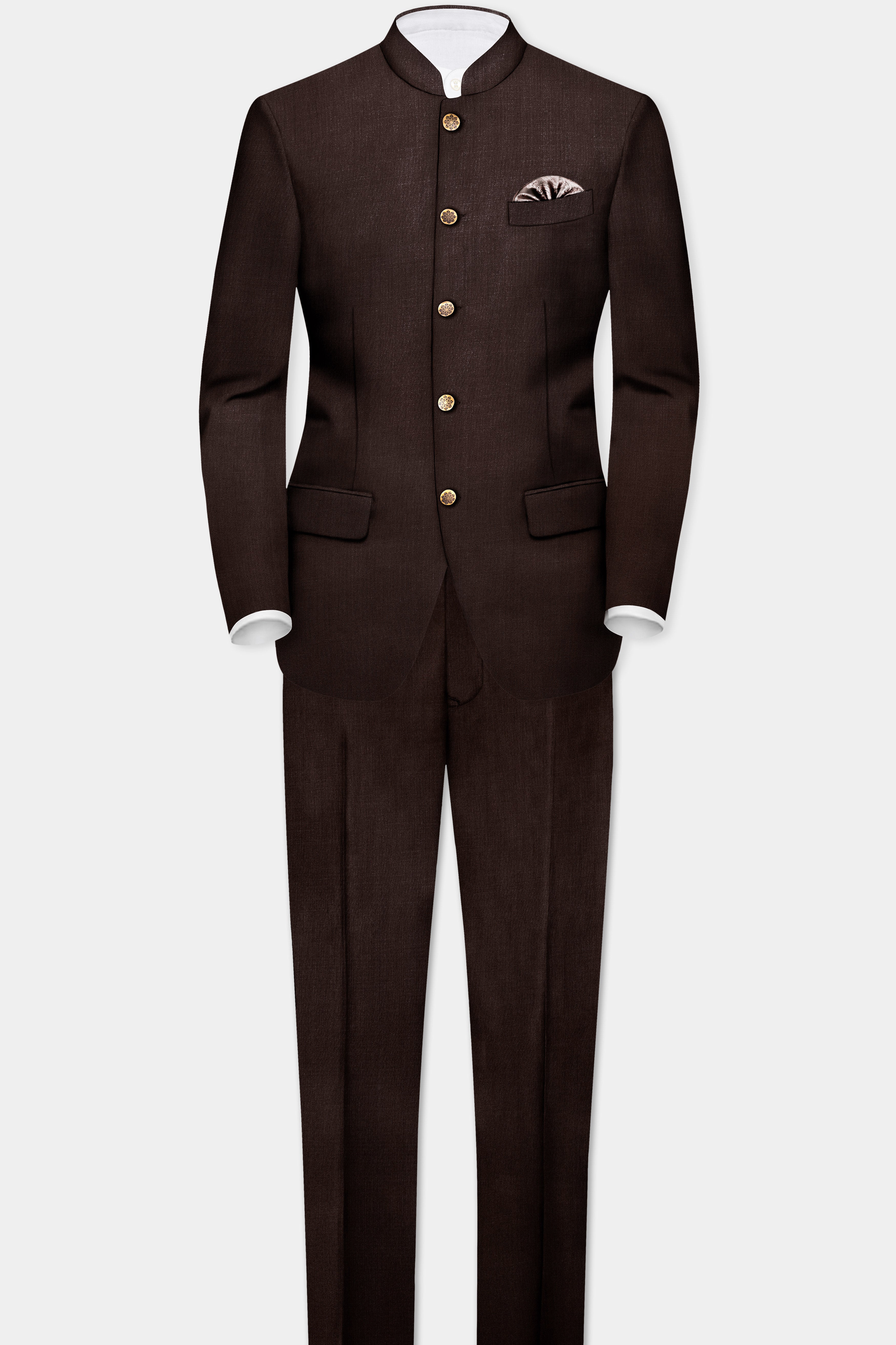 Espresso-Hickory Brown Solid Wool Rich Bandhgala Slight Stretch Blazer