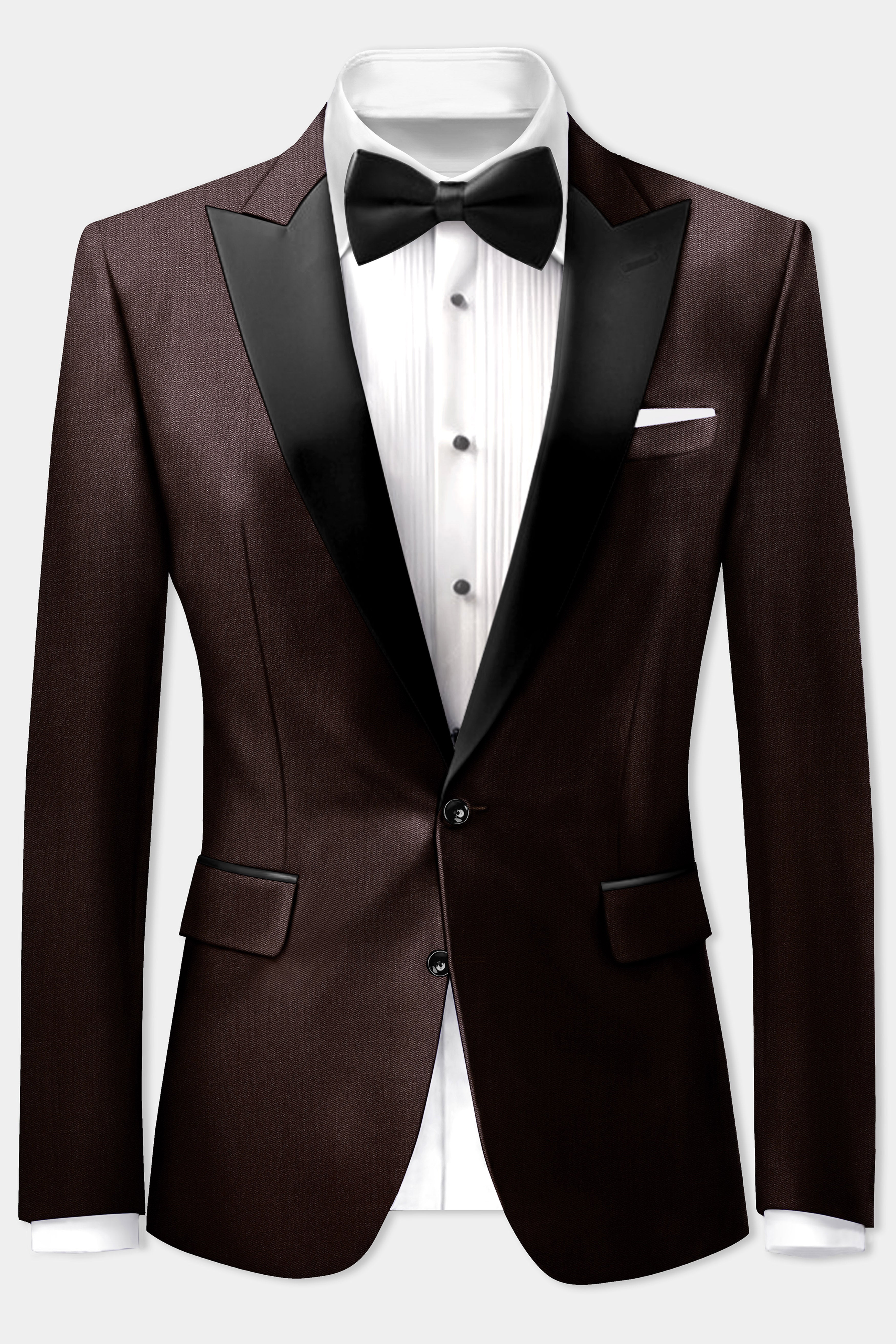 Espresso-Hickory Brown Solid Wool Rich Peak Lapel Tuxedo Blazer