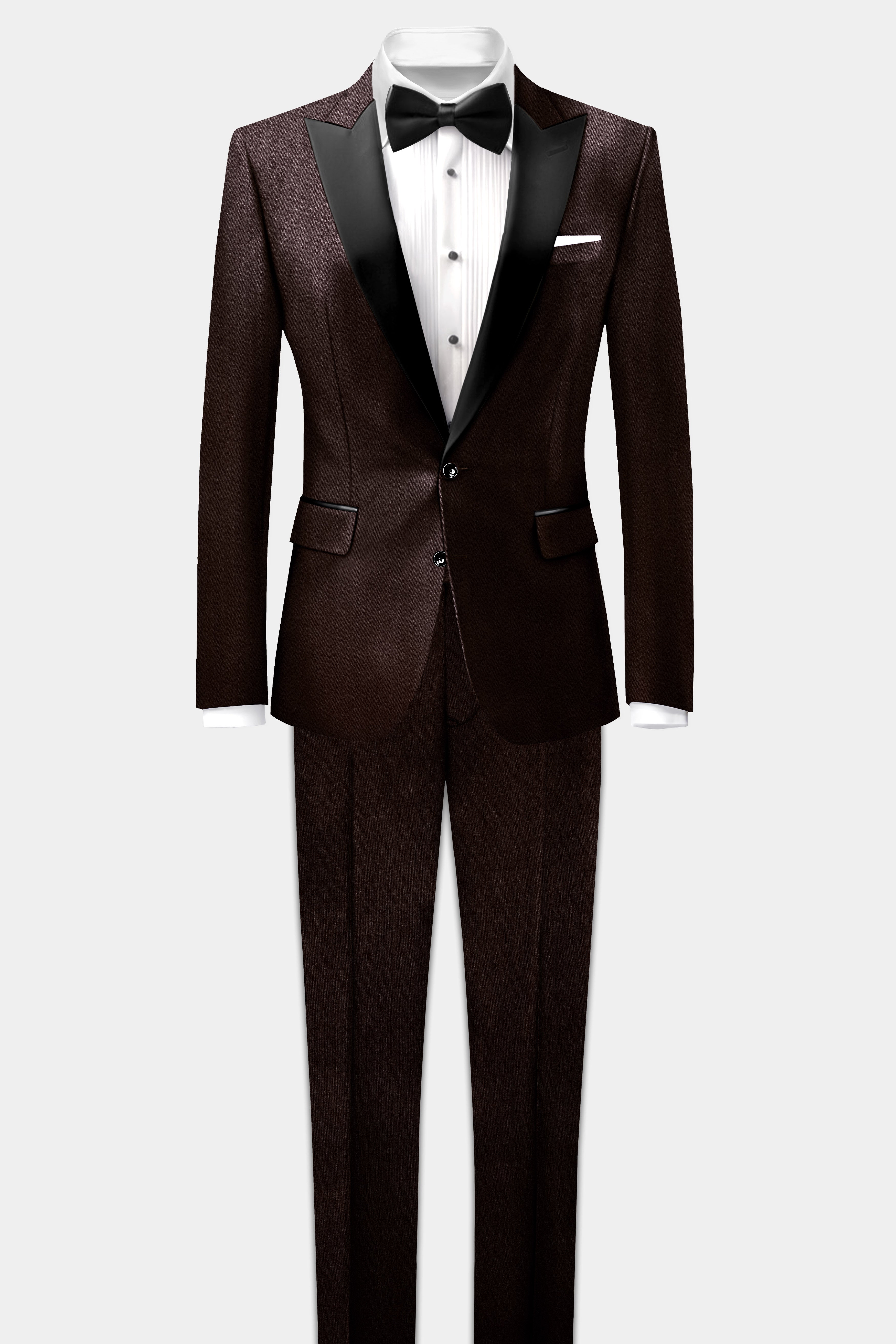 Espresso-Hickory Brown Solid Wool Rich Peak Lapel Tuxedo Blazer