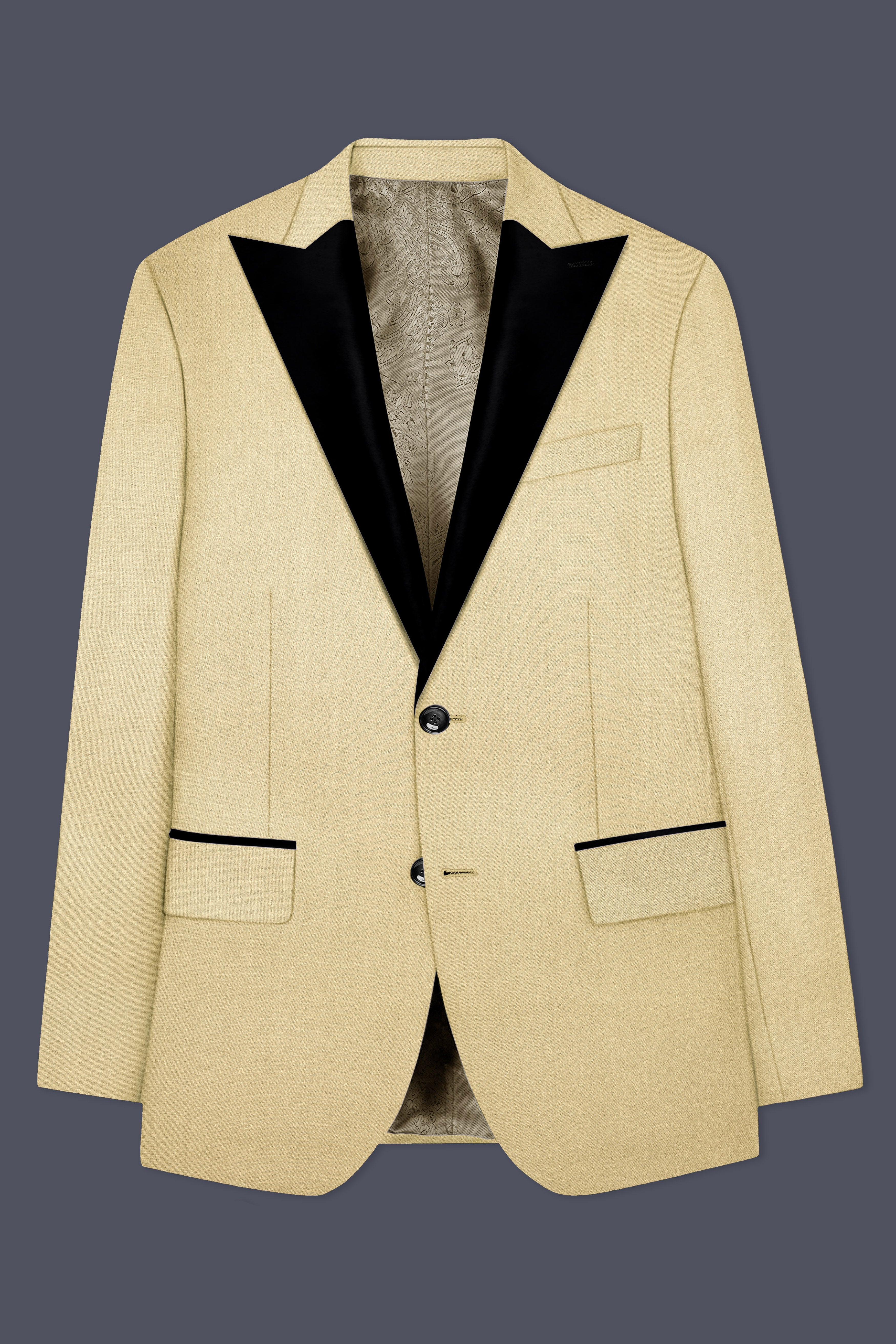 Ecru Classic-Pavlova Cream Solid Wool Rich Peak Lapel Tuxedo Blazer