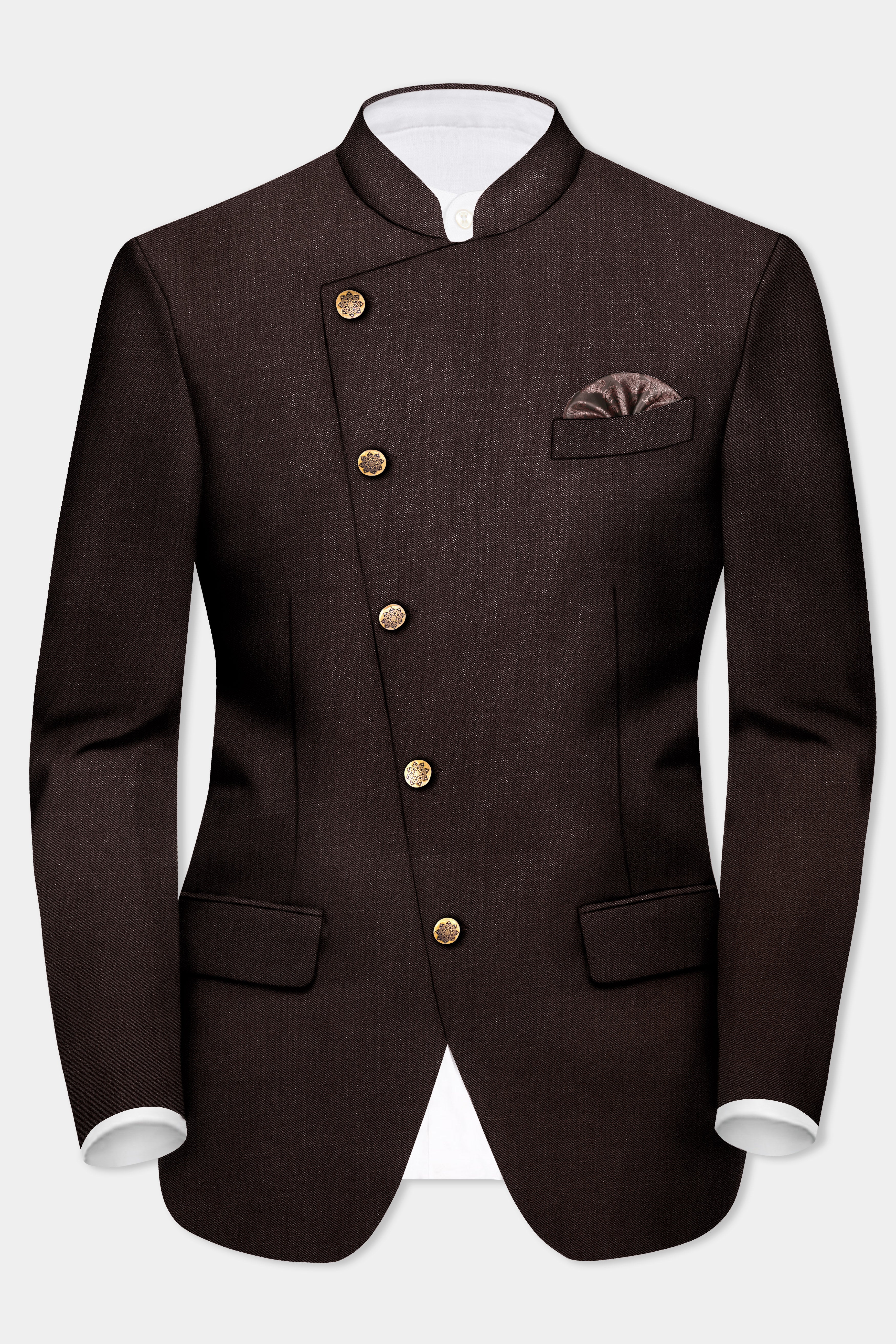 Espresso-Hickory Brown Solid Wool Rich Cross Placket Bandhgala Blazer