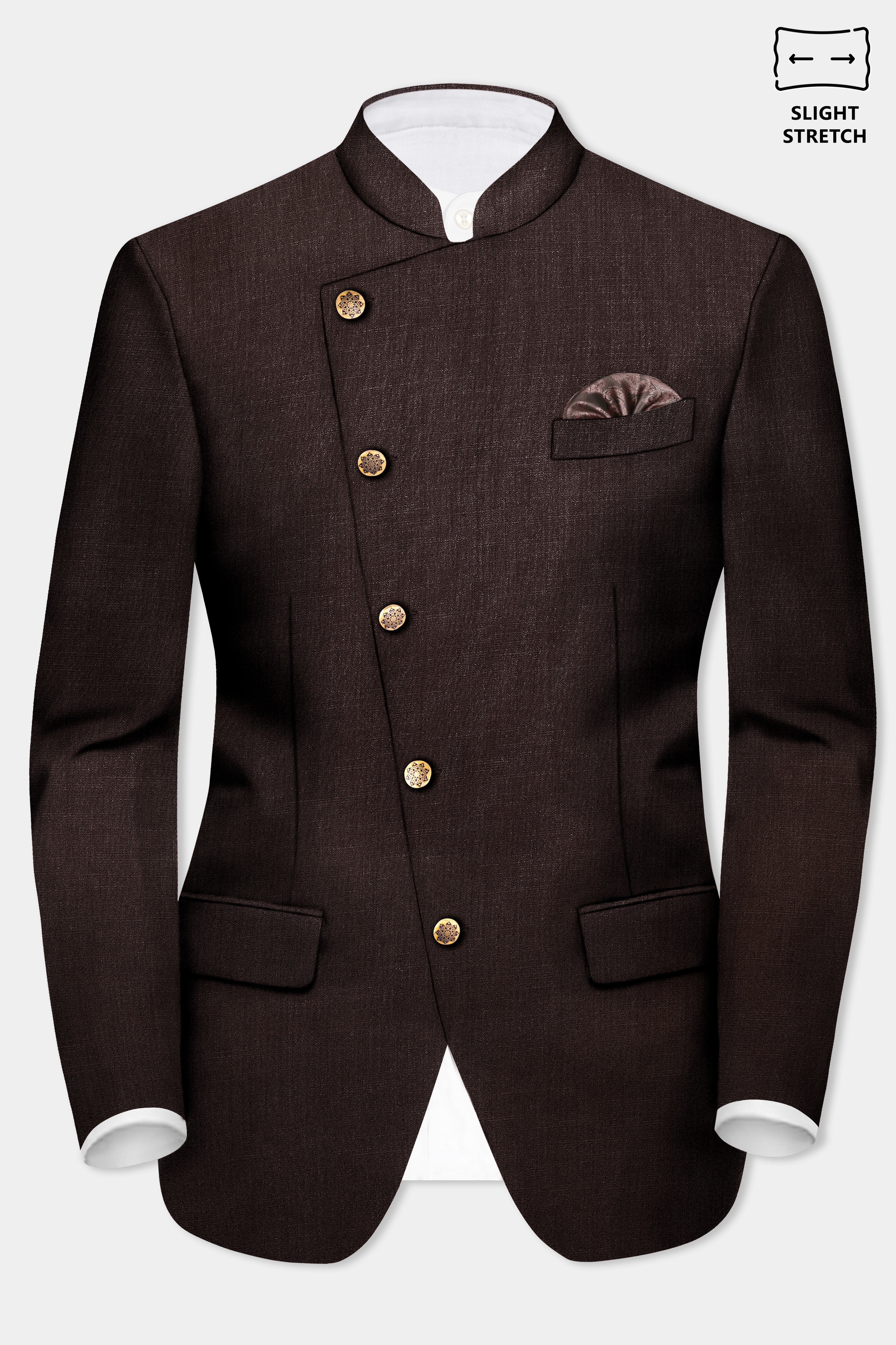 Espresso-Hickory Brown Solid Wool Rich Cross Placket Bandhgala Slight Stretch Blazer