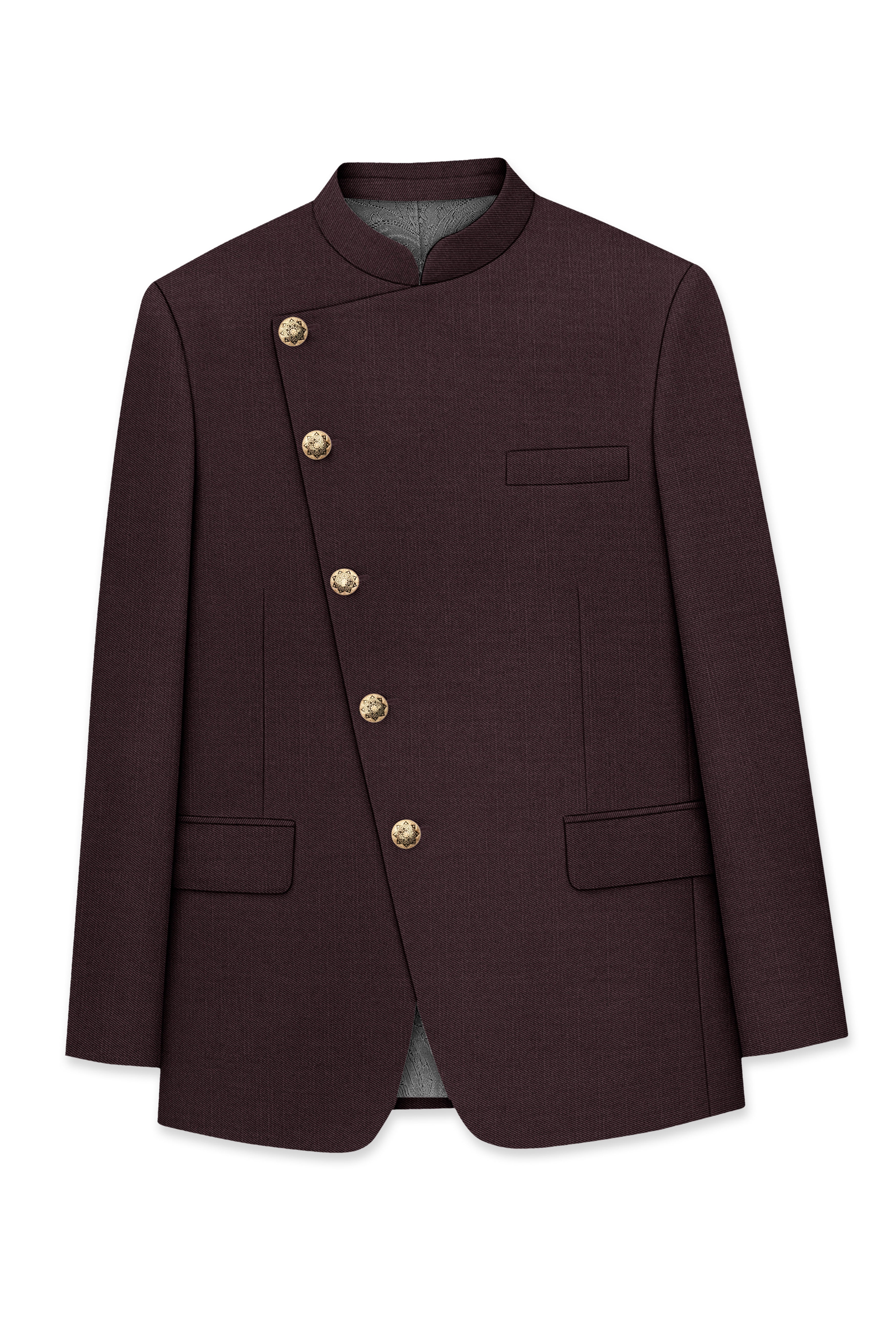 Espresso-Hickory Brown Solid Wool Rich Cross Placket Bandhgala Slight Stretch Blazer