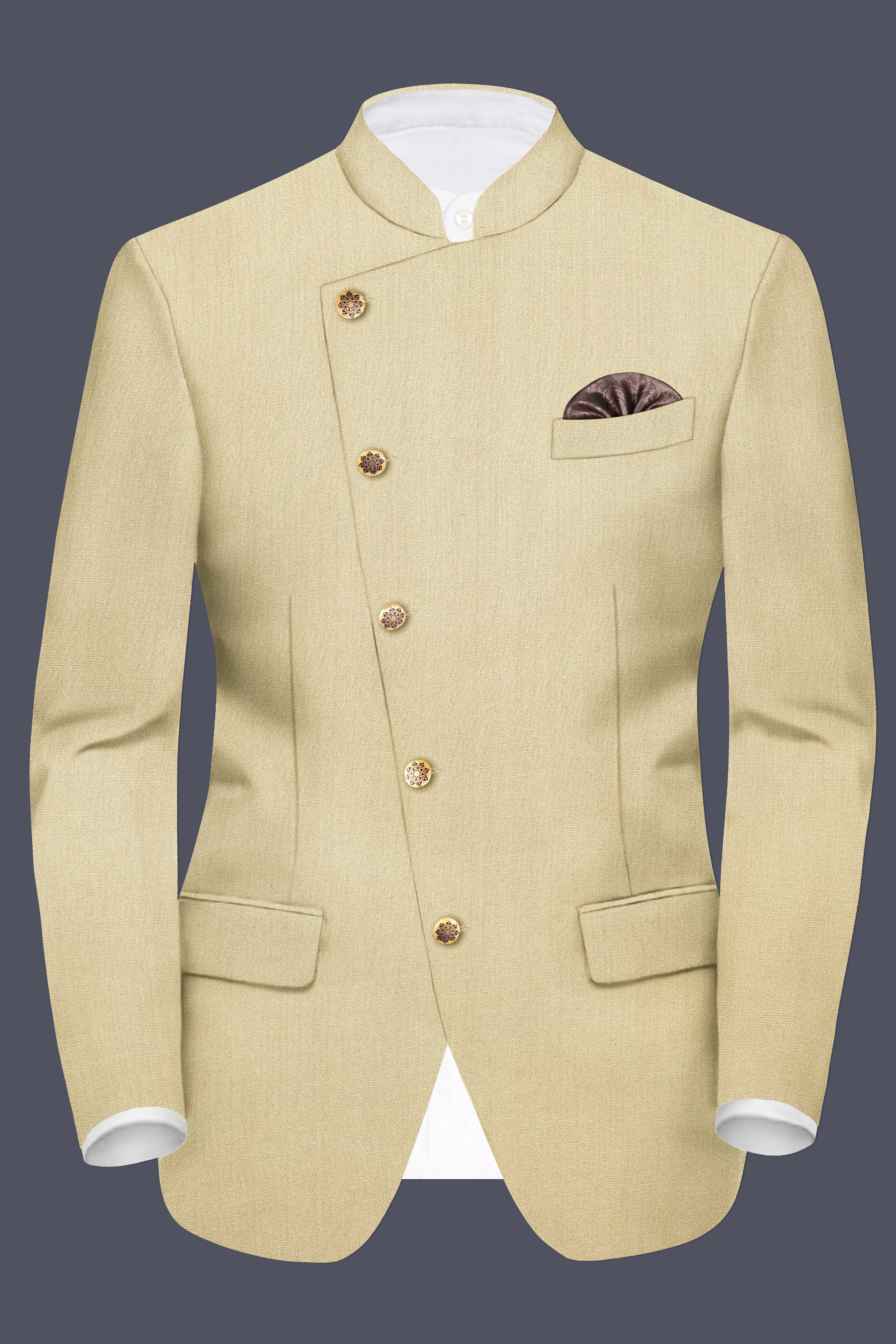 Ecru Classic-Pavlova Cream Solid Wool Rich Cross Placket Bandhgala Blazer