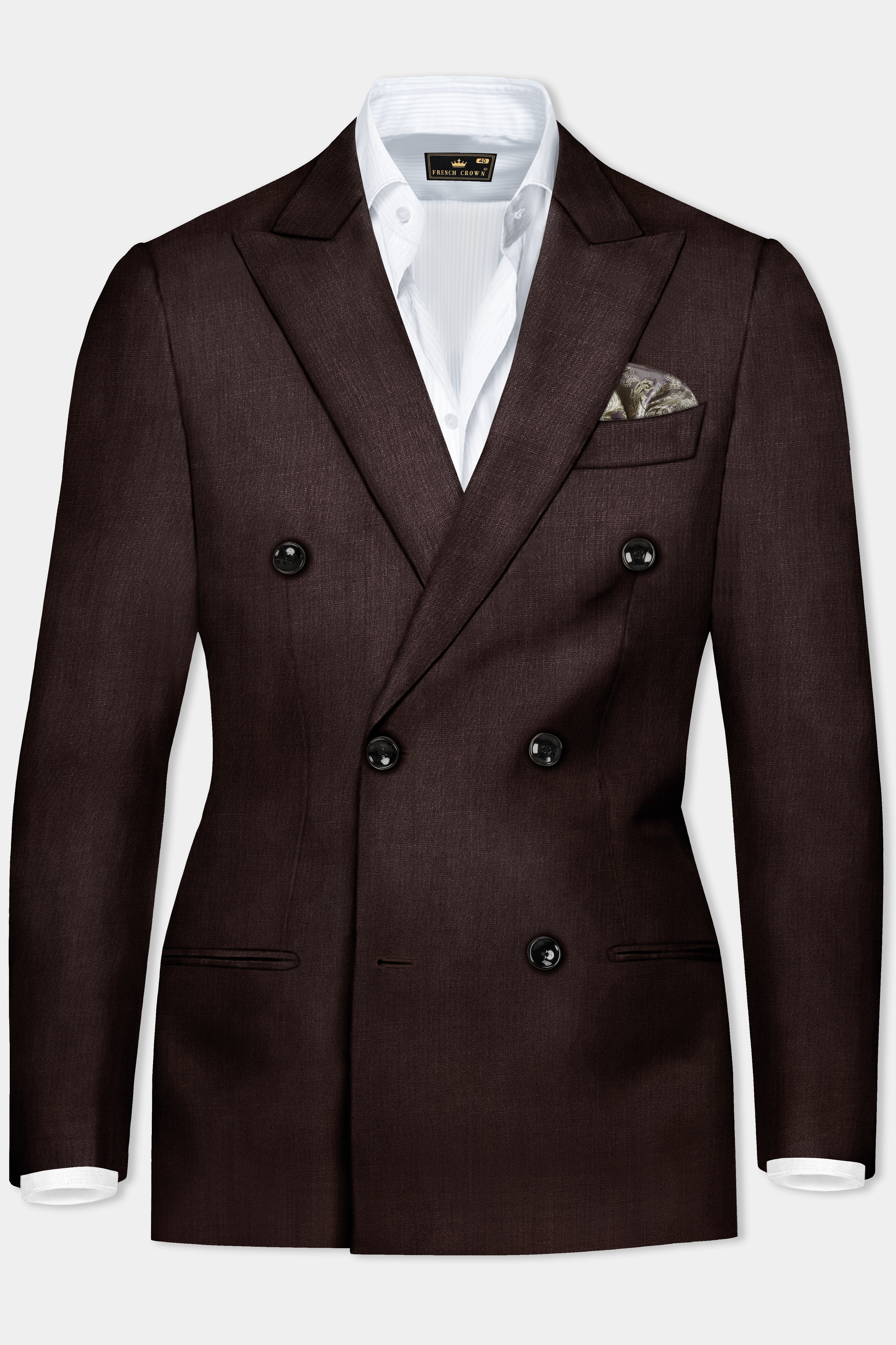 Espresso-Hickory Brown Solid Wool Rich Double Breasted Blazer