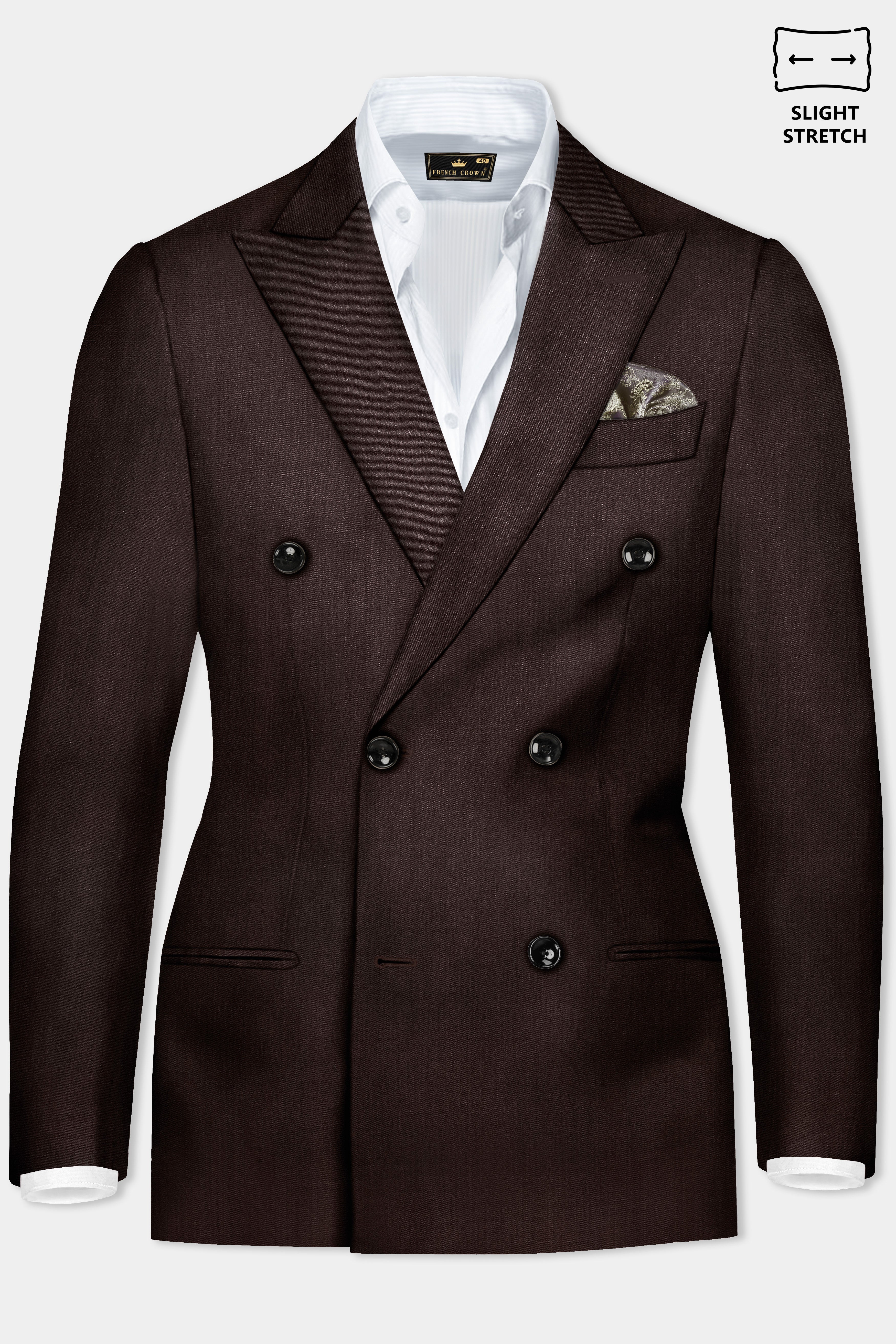 Espresso-Hickory Brown Solid Wool Rich Double Breasted Slight Stretch Blazer