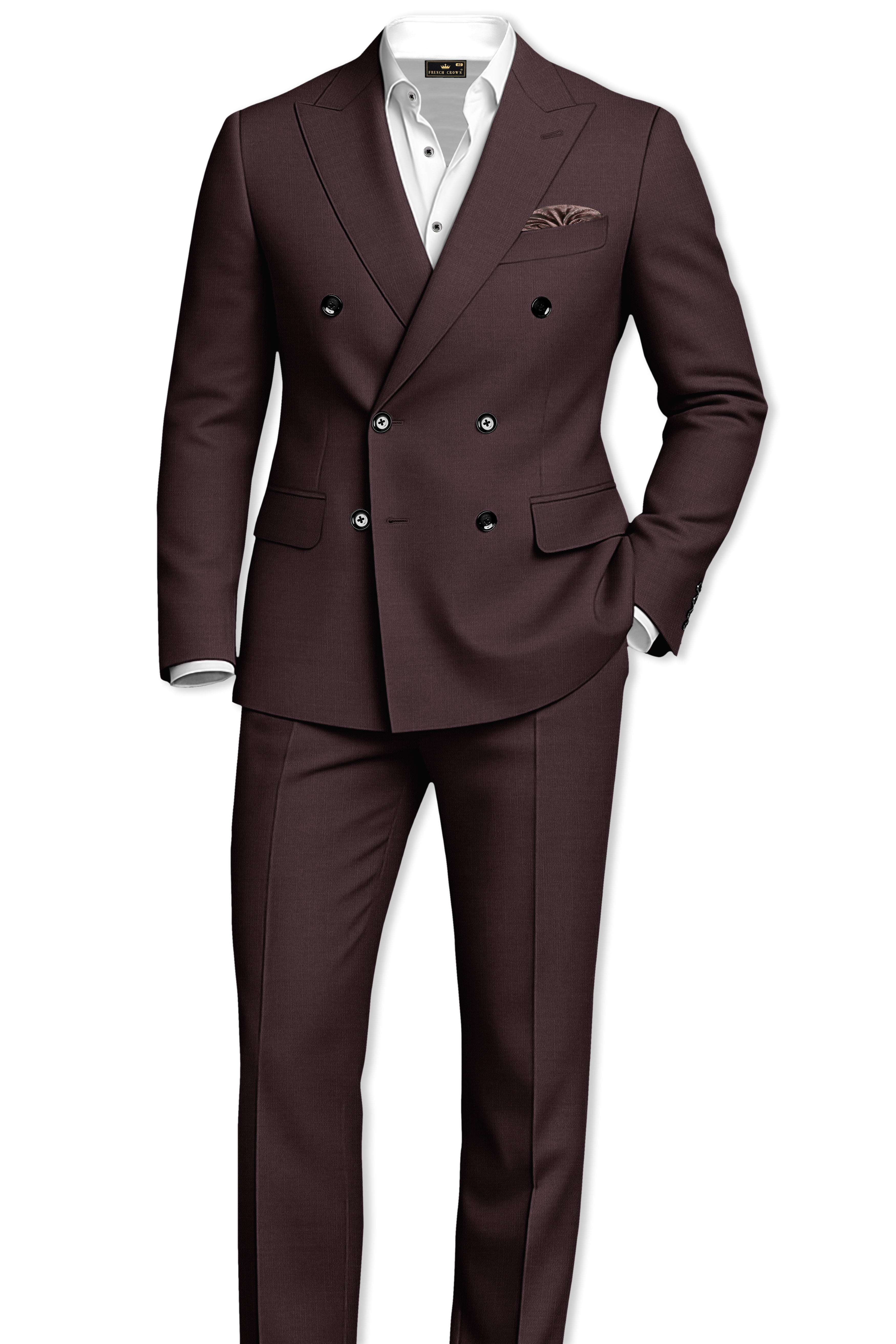 Espresso-Hickory Brown Solid Wool Rich Double Breasted Slight Stretch Blazer