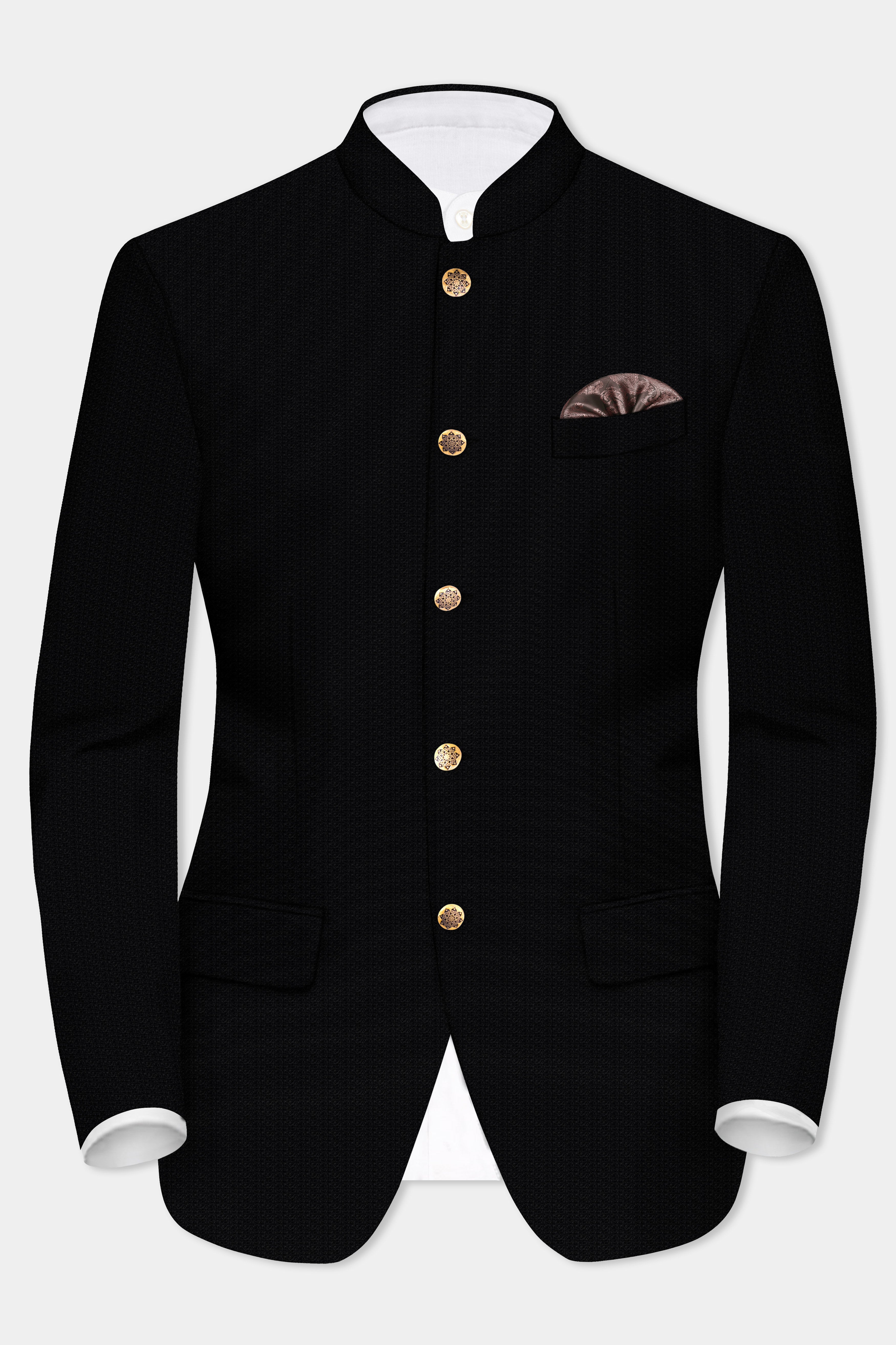 Noir-Jade Black Textured Wool Rich Bandhgala Blazer