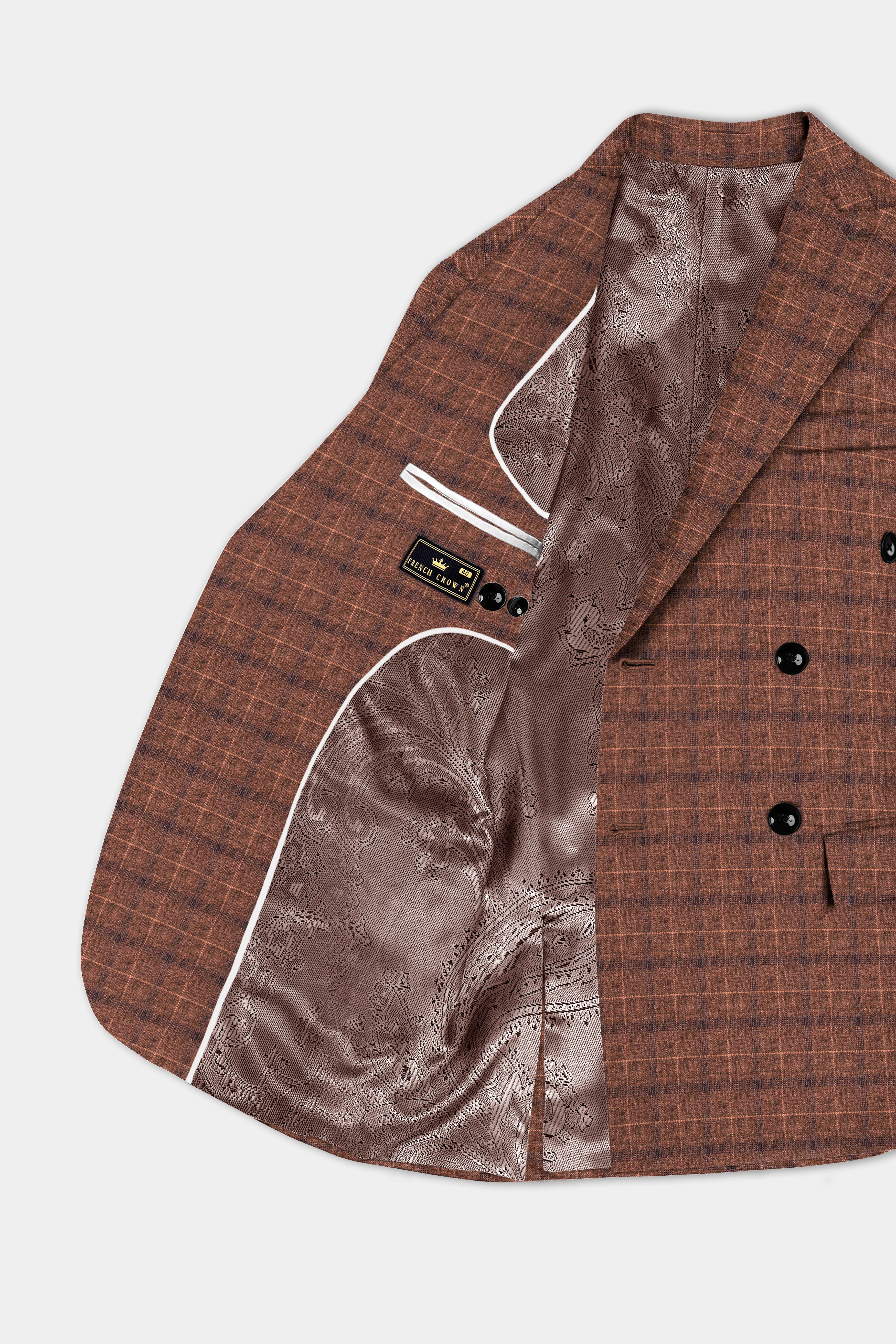 Cinnamon Spice-Spice Brown Plaid Wool Rich Double Breasted Blazer