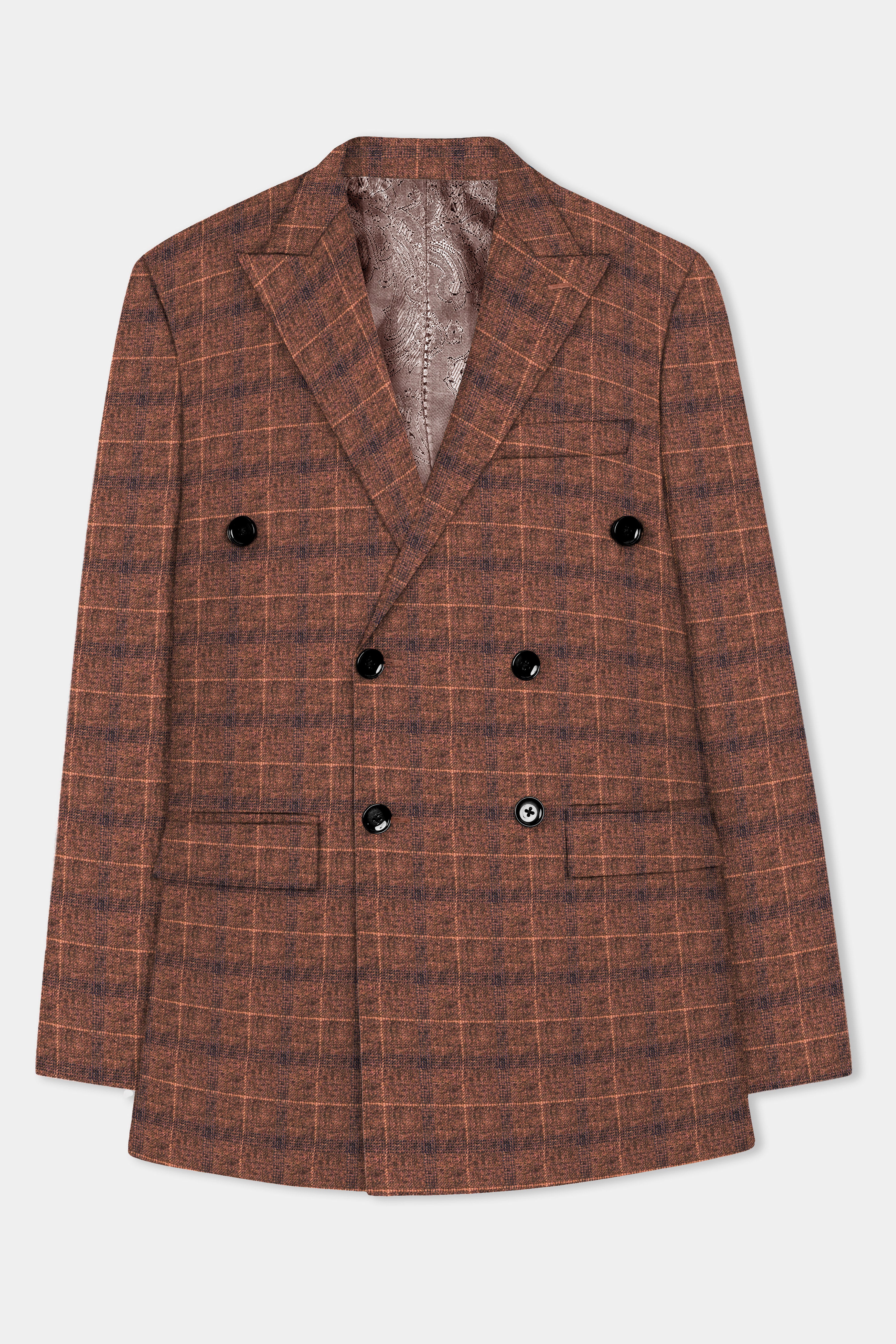 Cinnamon Spice-Spice Brown Plaid Wool Rich Double Breasted Blazer