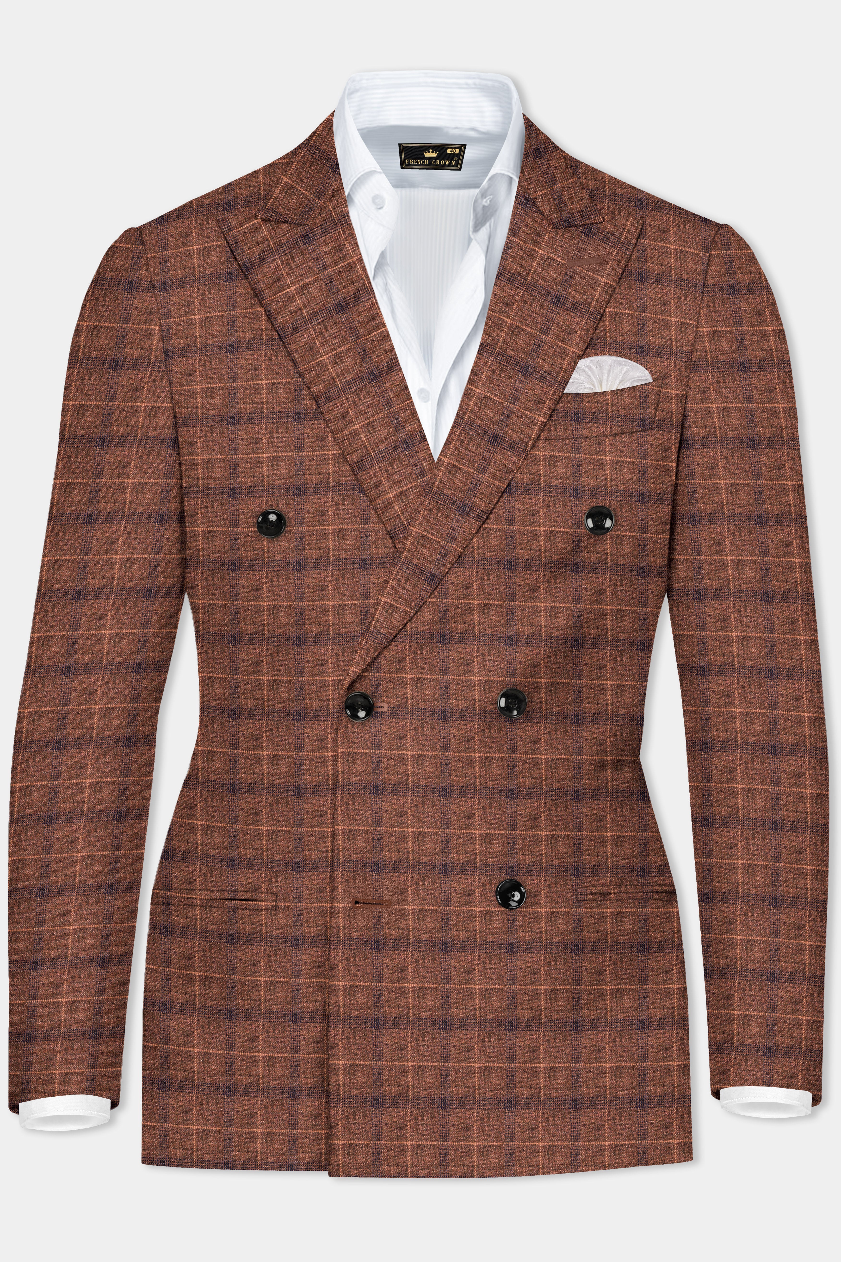 Cinnamon Spice-Spice Brown Plaid Wool Rich Double Breasted Blazer