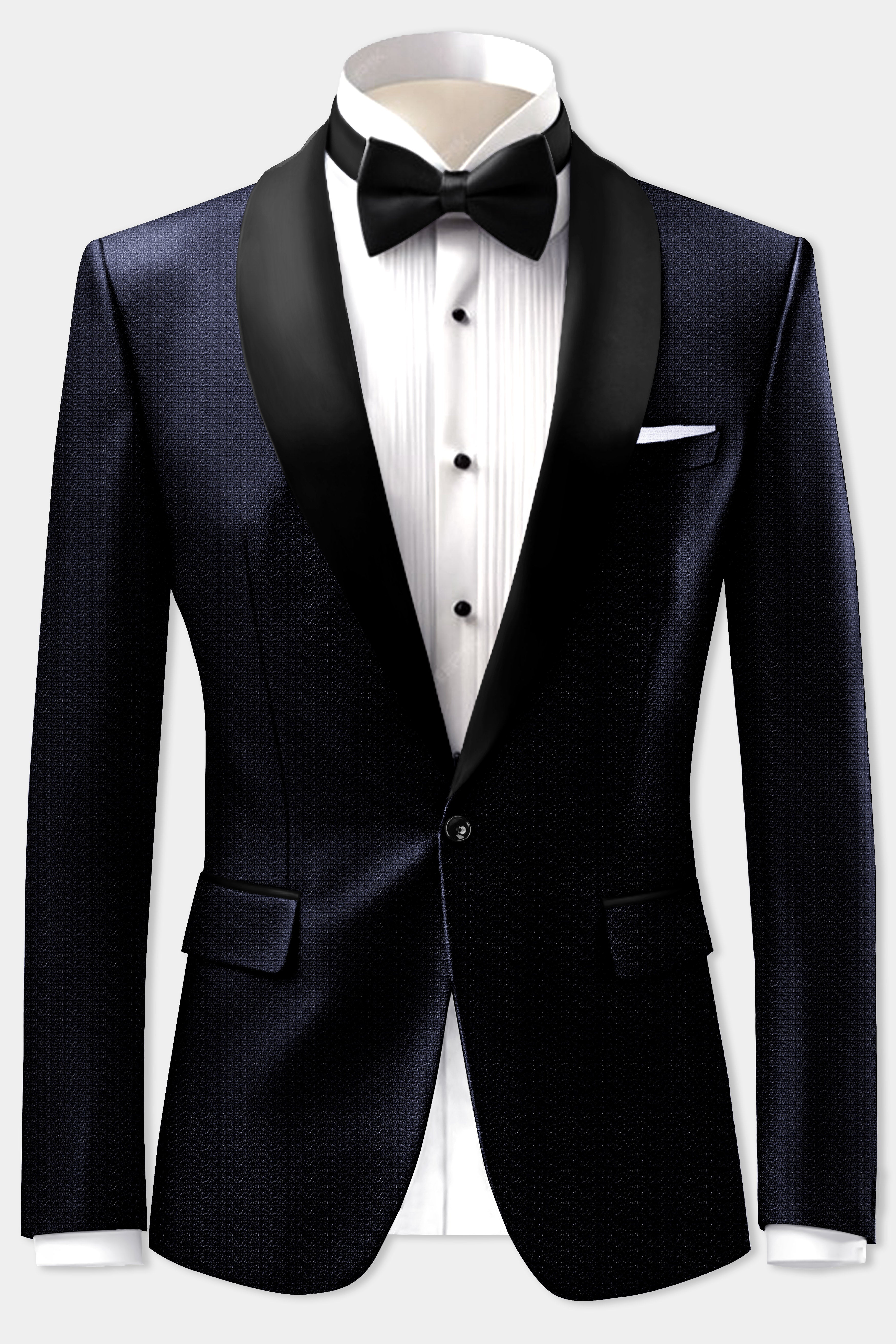 Indigo Prestige-French Navy Textured Cotton Tuxedo Blazer