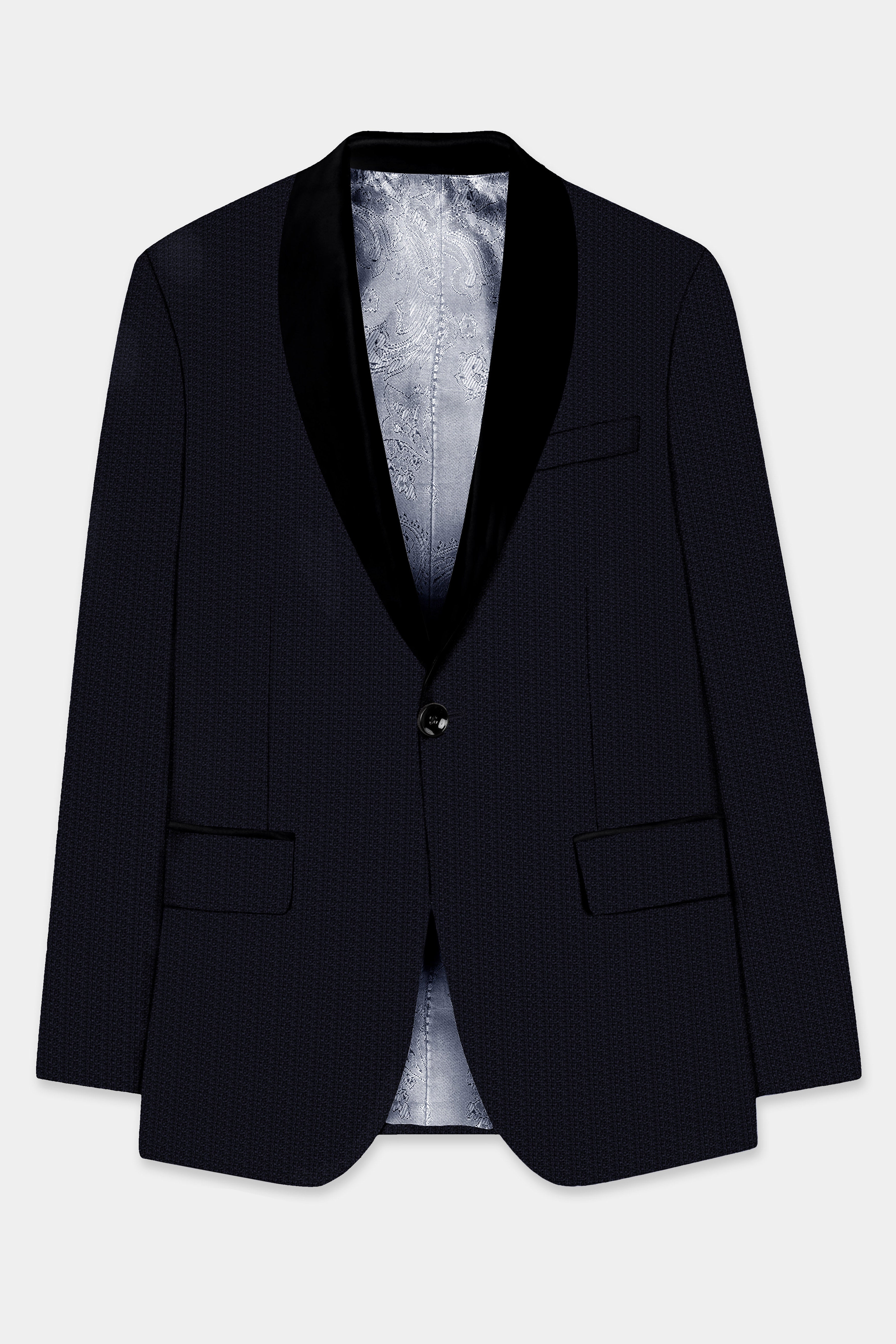 Indigo Prestige-French Navy Textured Cotton Tuxedo Blazer