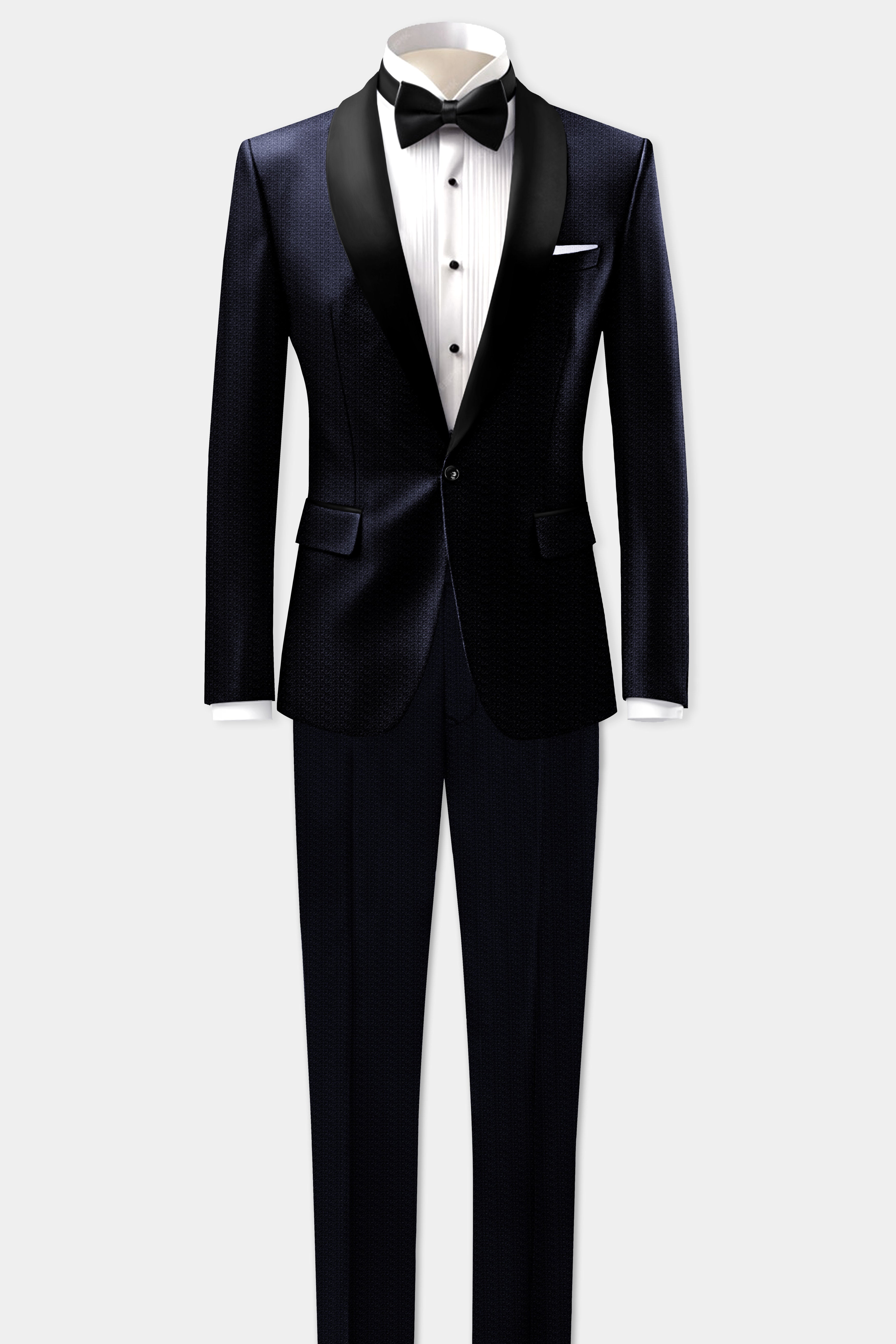 Indigo Prestige-French Navy Textured Cotton Tuxedo Blazer