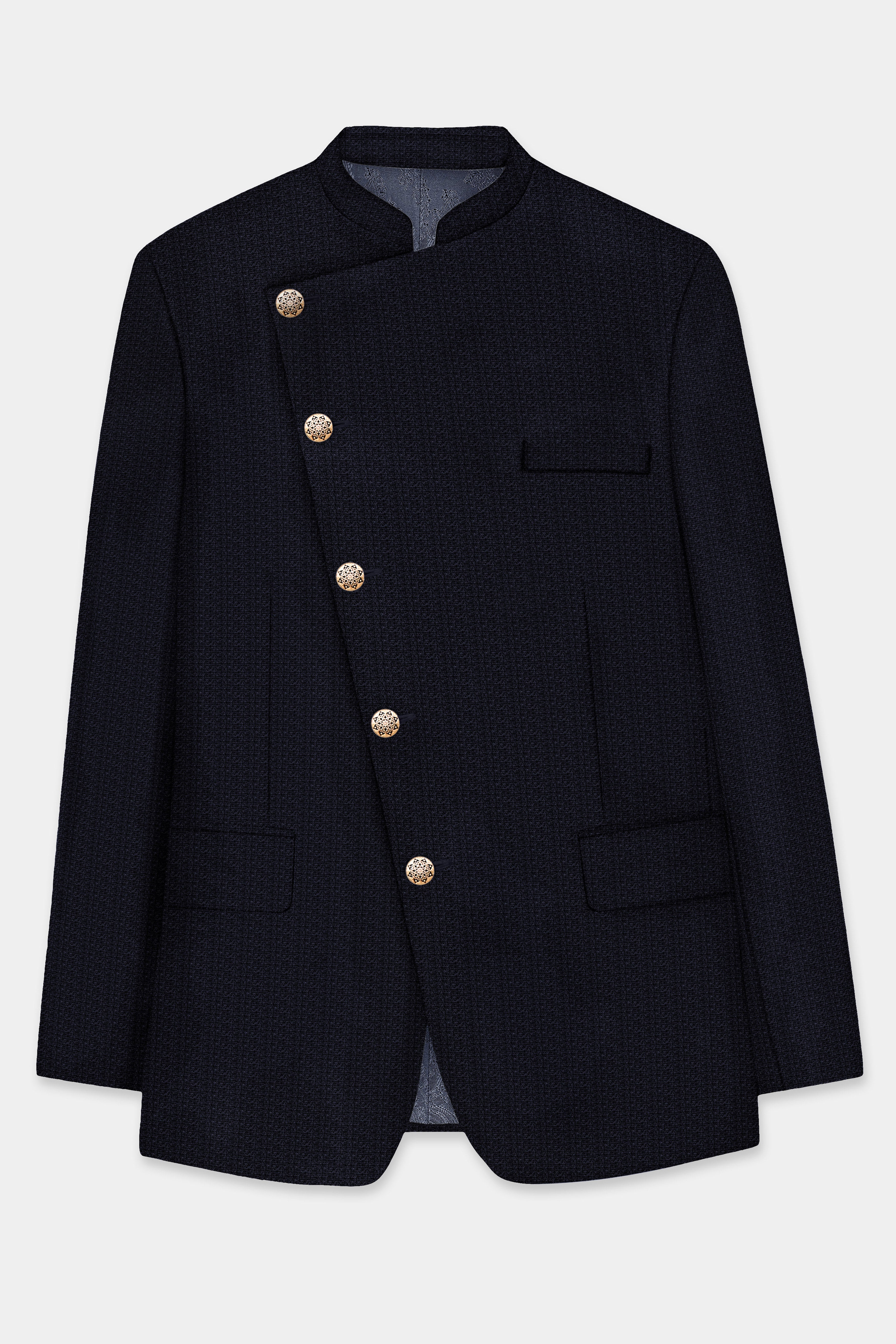 Indigo Prestige-French Navy Textured Wool Rich Cross Placket Bandhgala Blazer