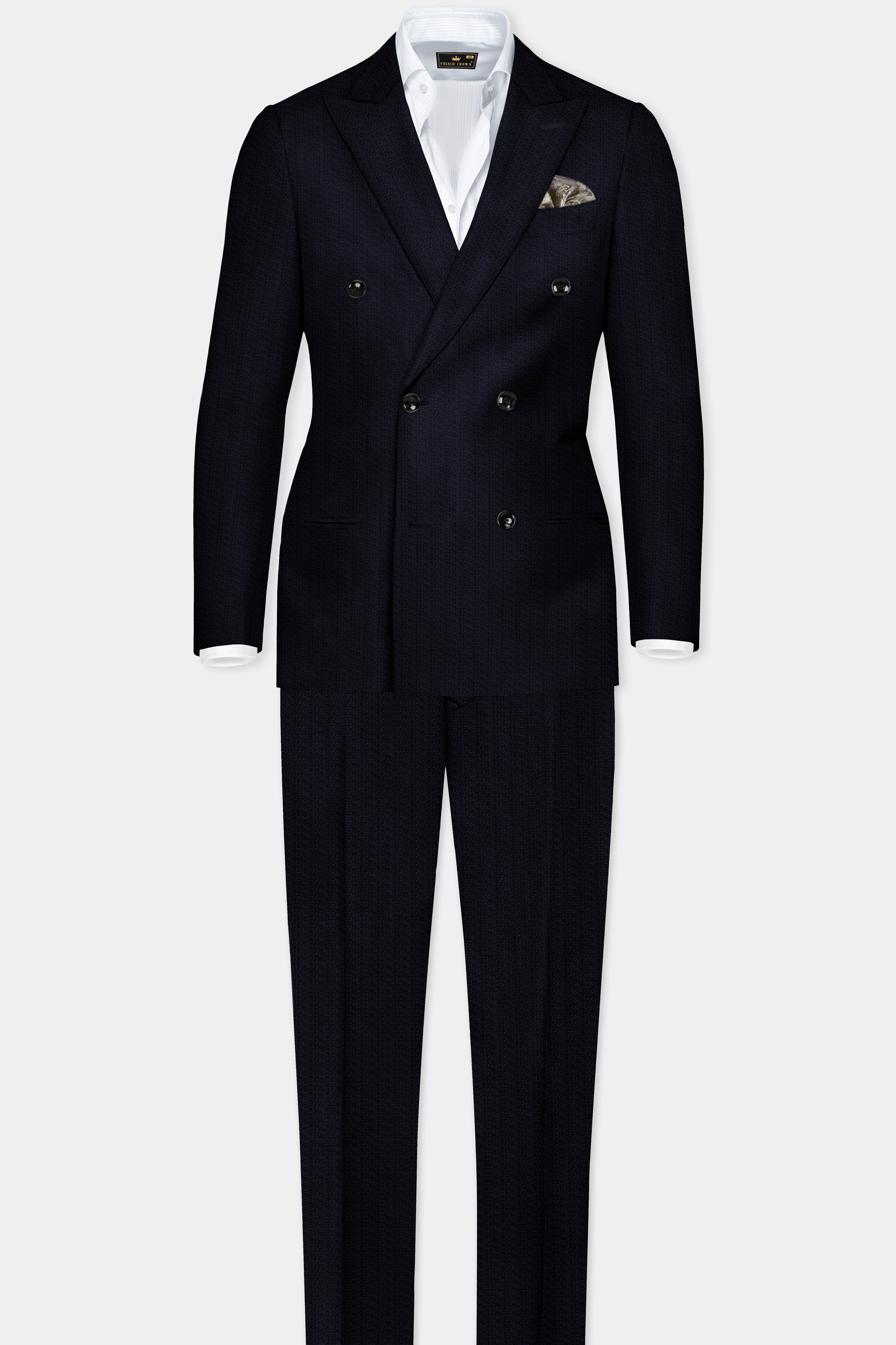 Indigo Prestige-French Navy Textured Wool Rich Double Breasted Blazer