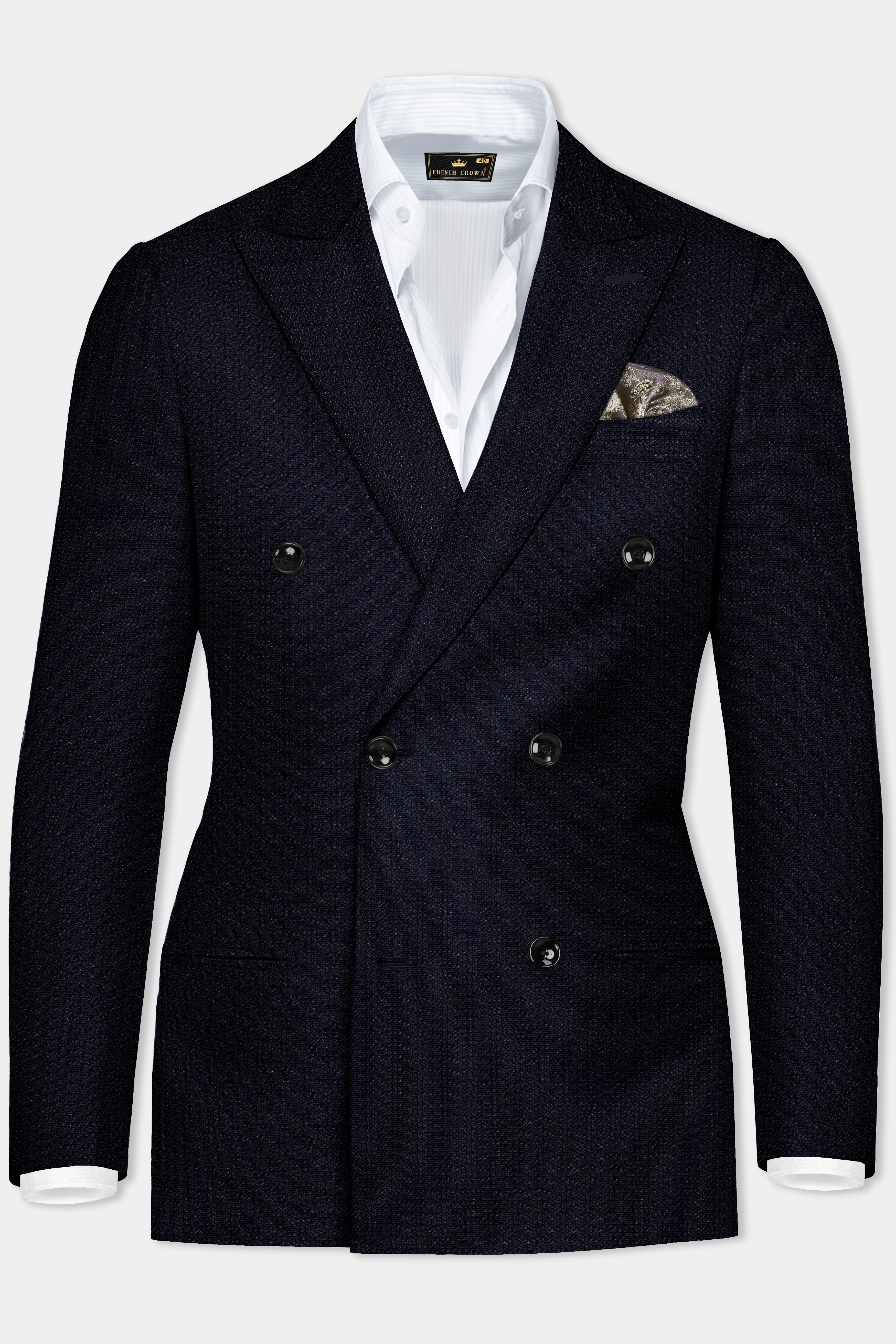 Indigo Prestige-French Navy Textured Wool Rich Double Breasted Blazer