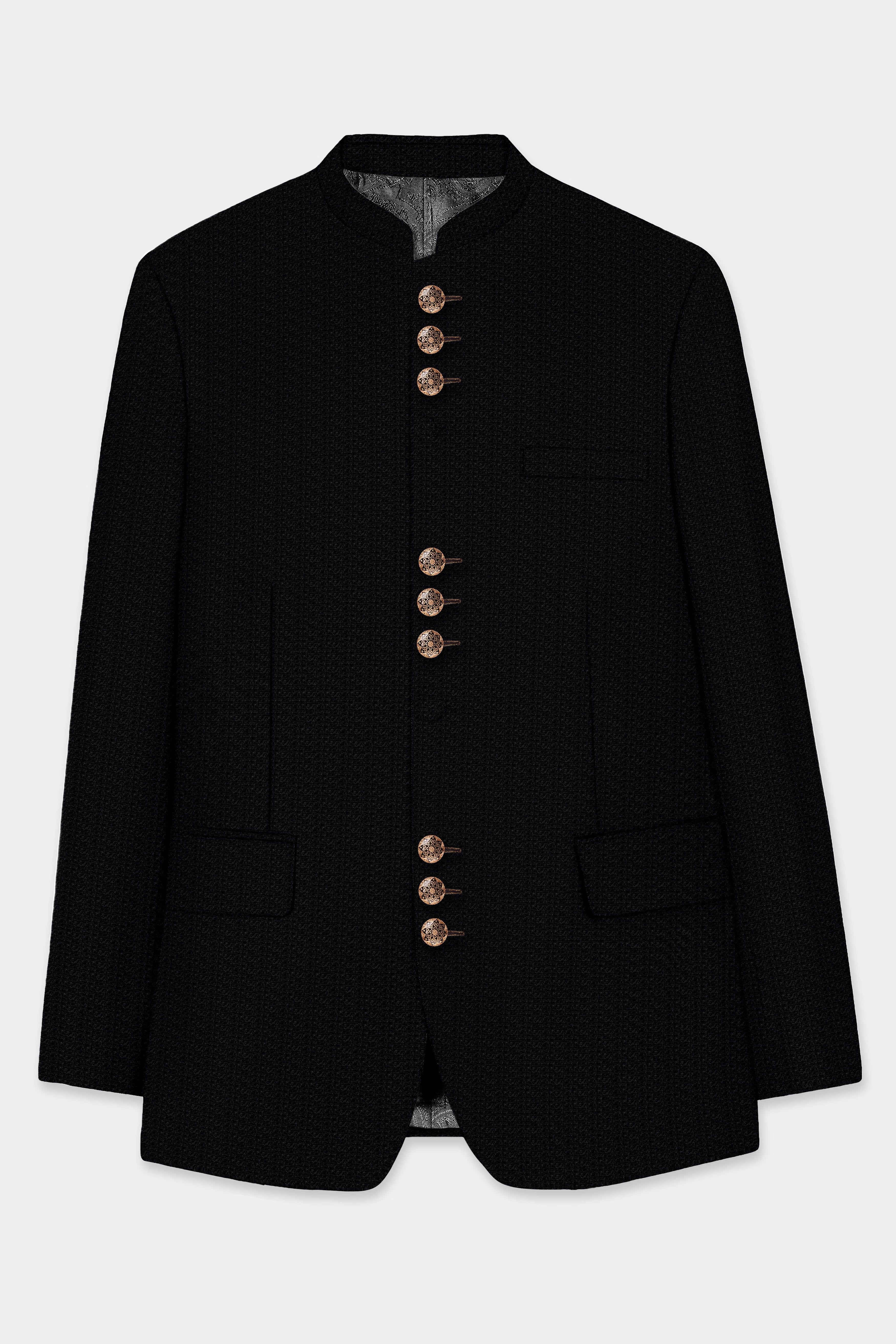 Noir-Jade Black Textured Wool Rich Bandhgala Designer Blazer