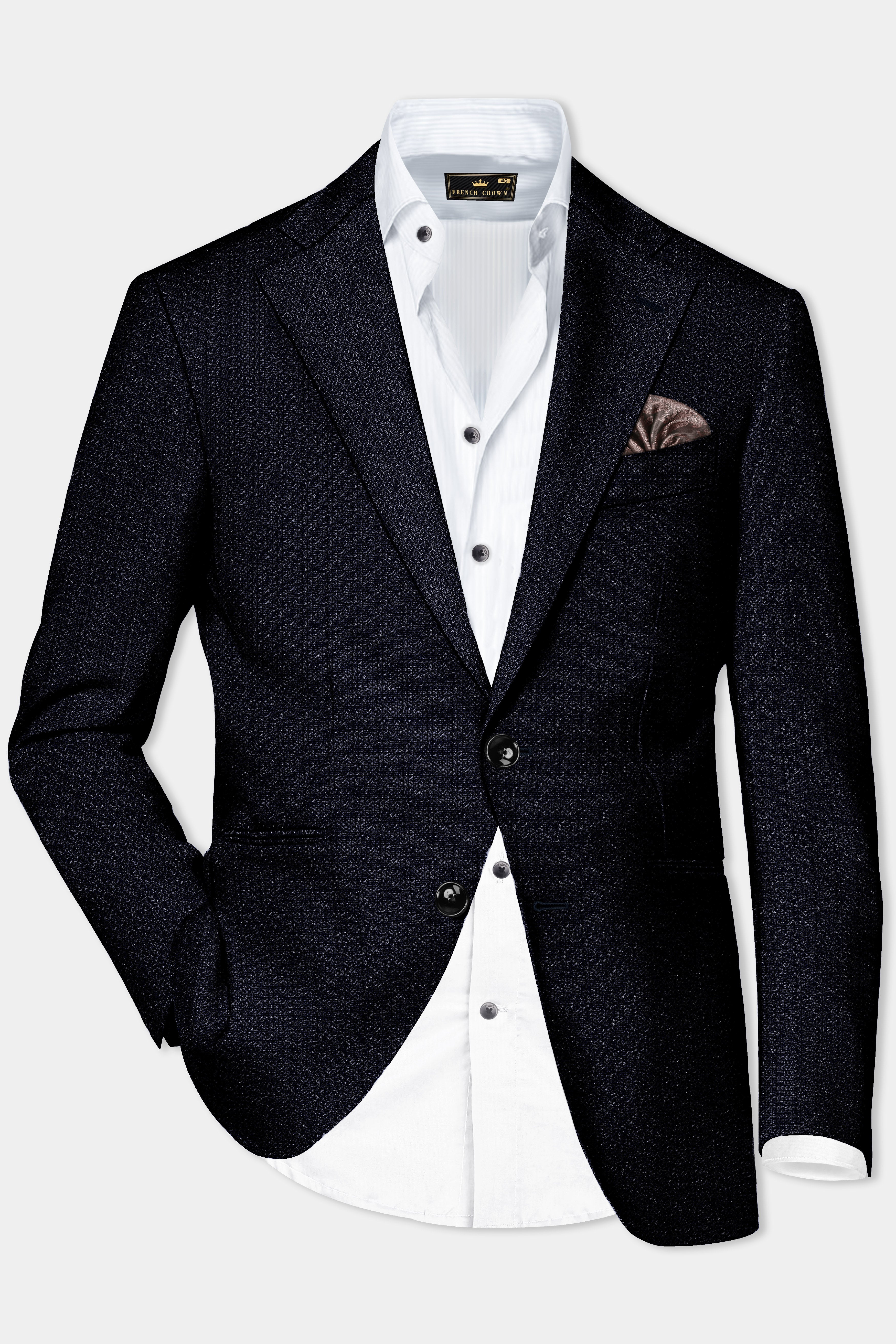 Indigo Prestige-French Navy Textured Wool Rich Single Breasted Blazer