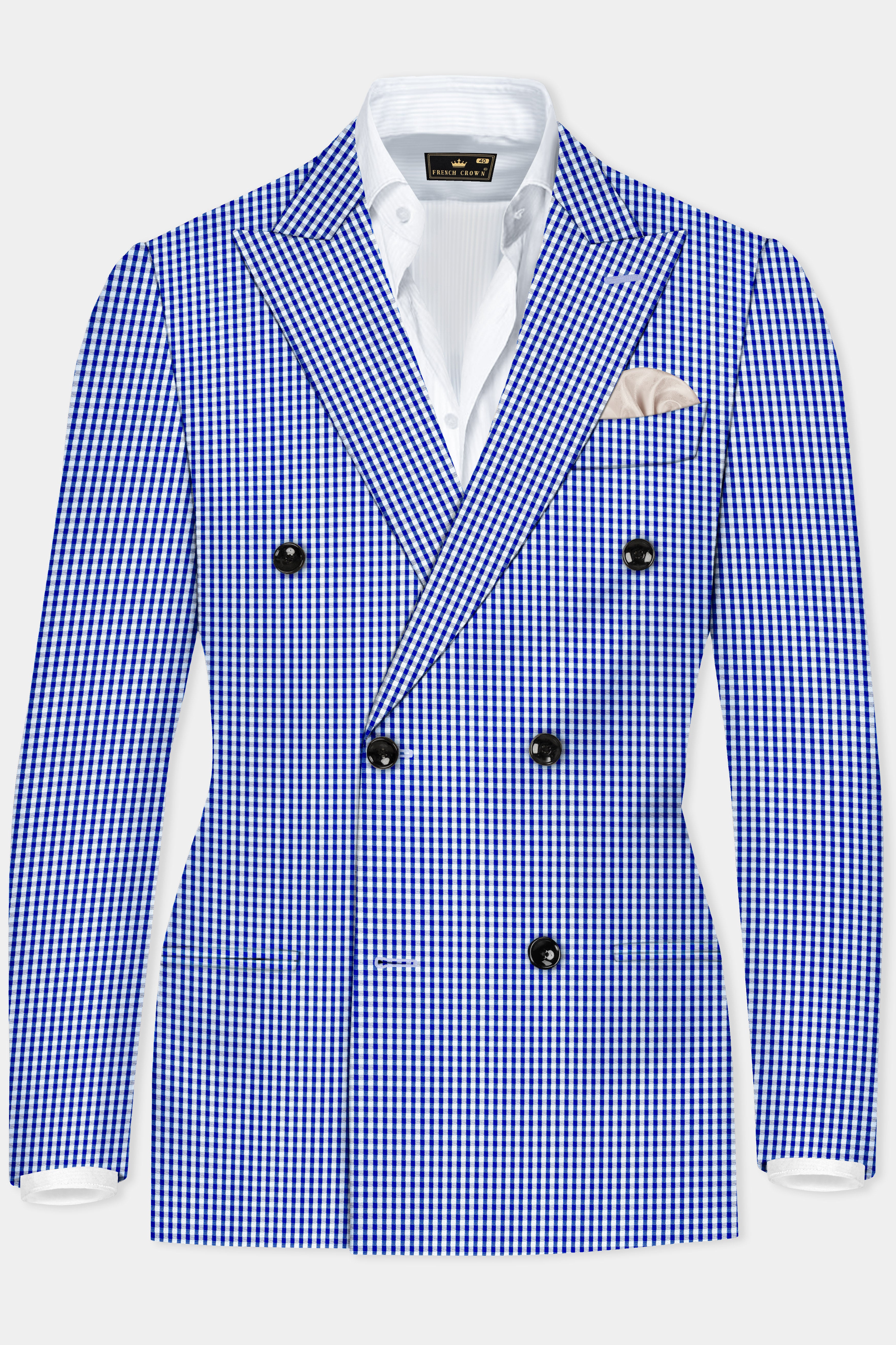 Nautilus-Torea Bay Blue And Bright White Gingham Plaid Cotton Double Breasted Blazer