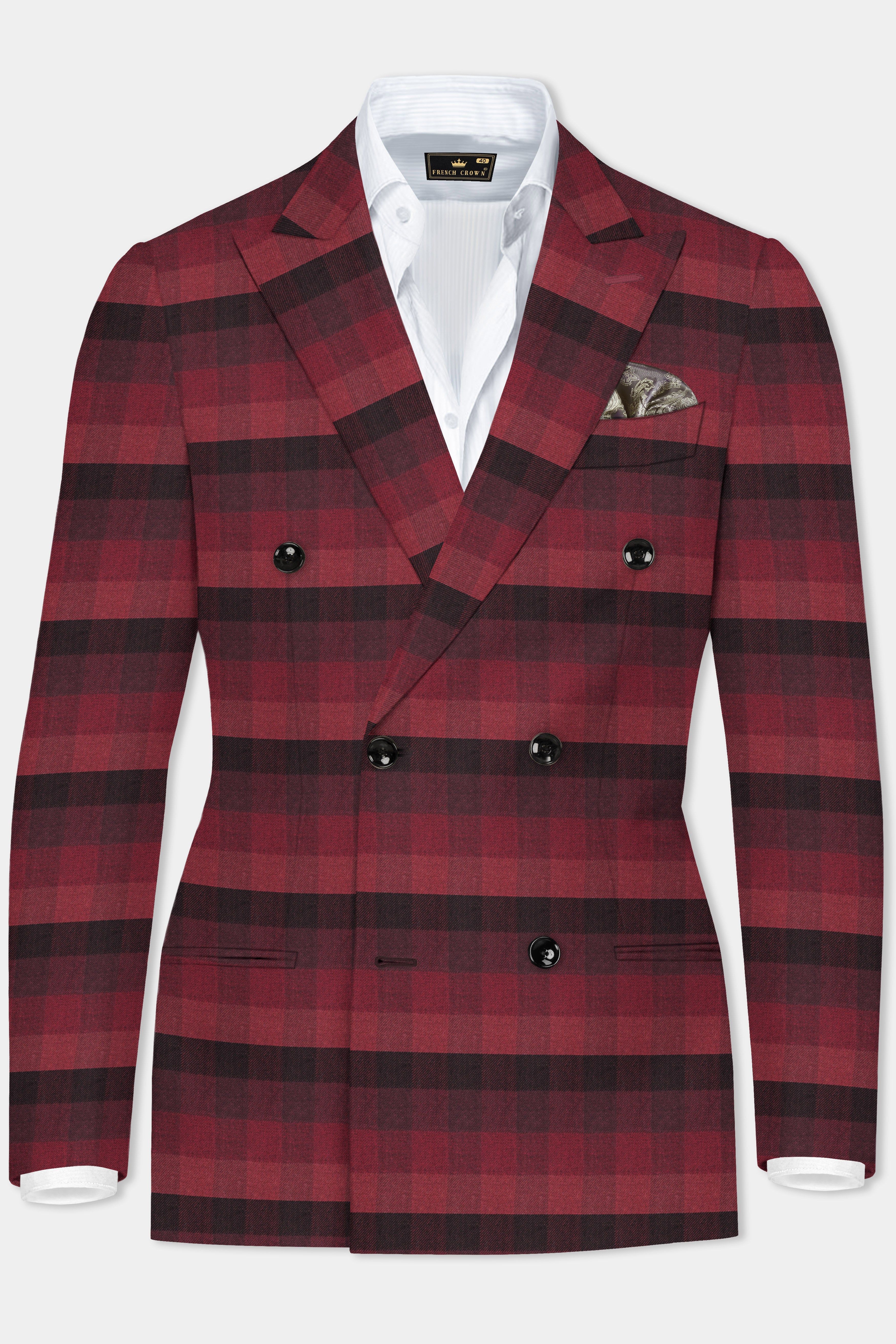 Obsidian-Wine Berry Red And Thunder Black Plaid Tweed Double Breasted Blazer