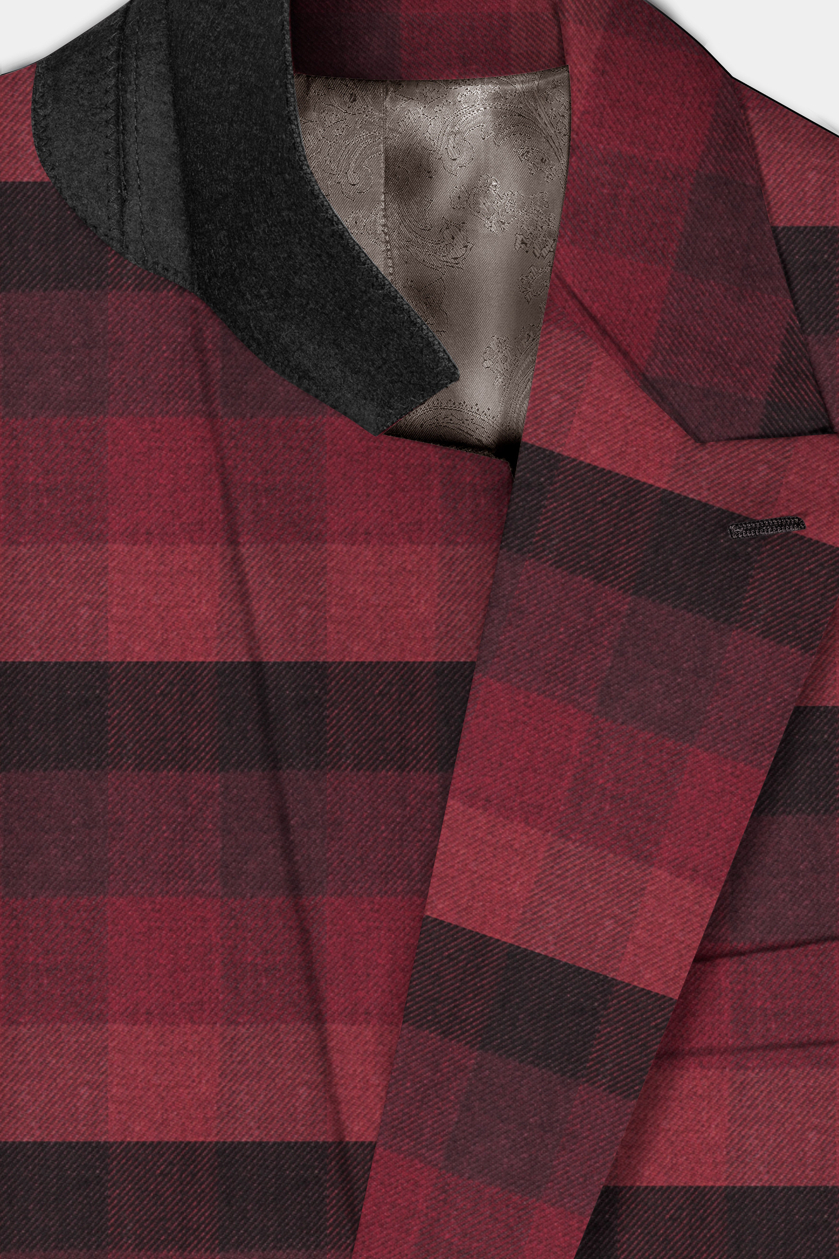 Obsidian-Wine Berry Red And Thunder Black Plaid Tweed Double Breasted Blazer