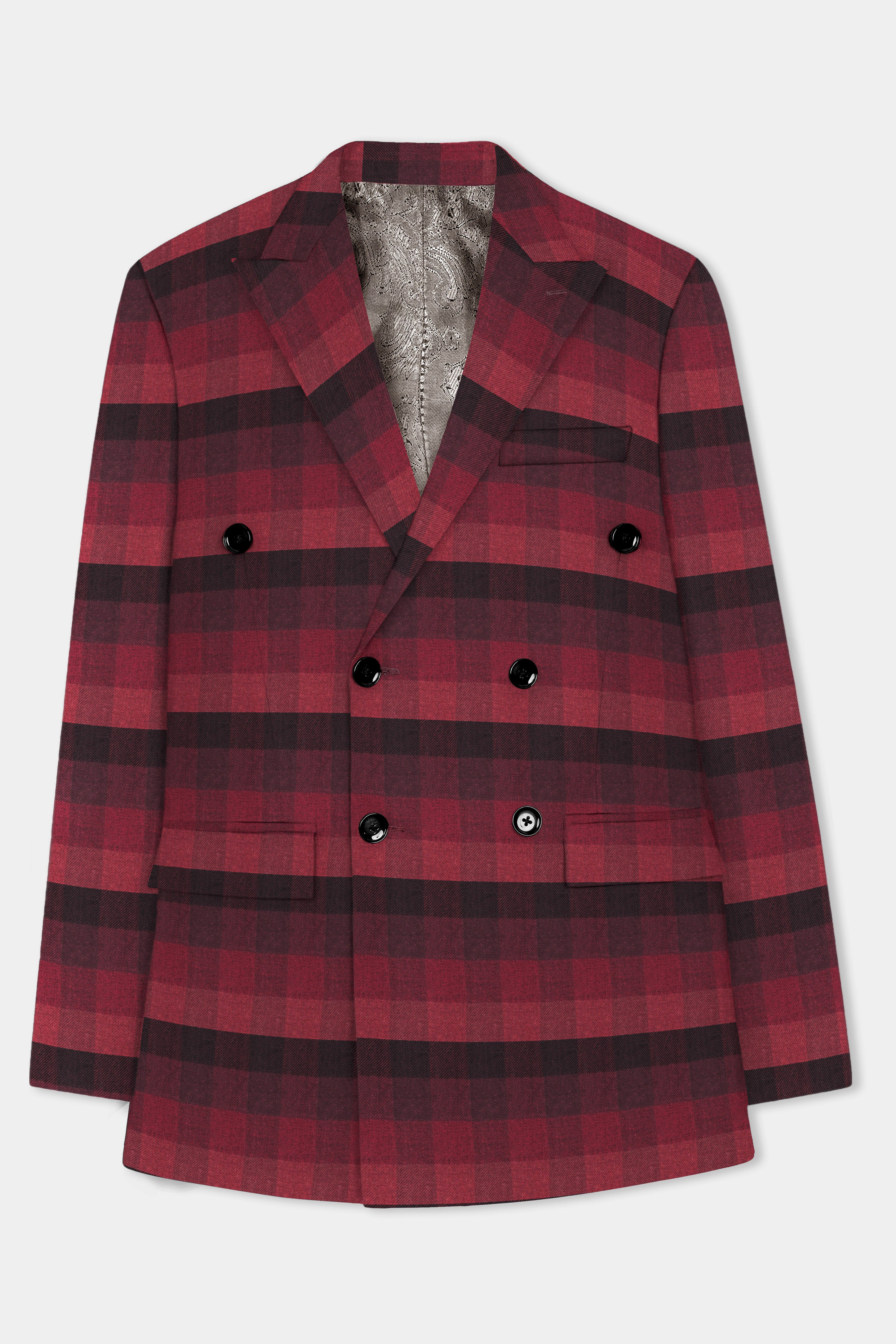 Obsidian-Wine Berry Red And Thunder Black Plaid Tweed Double Breasted Blazer