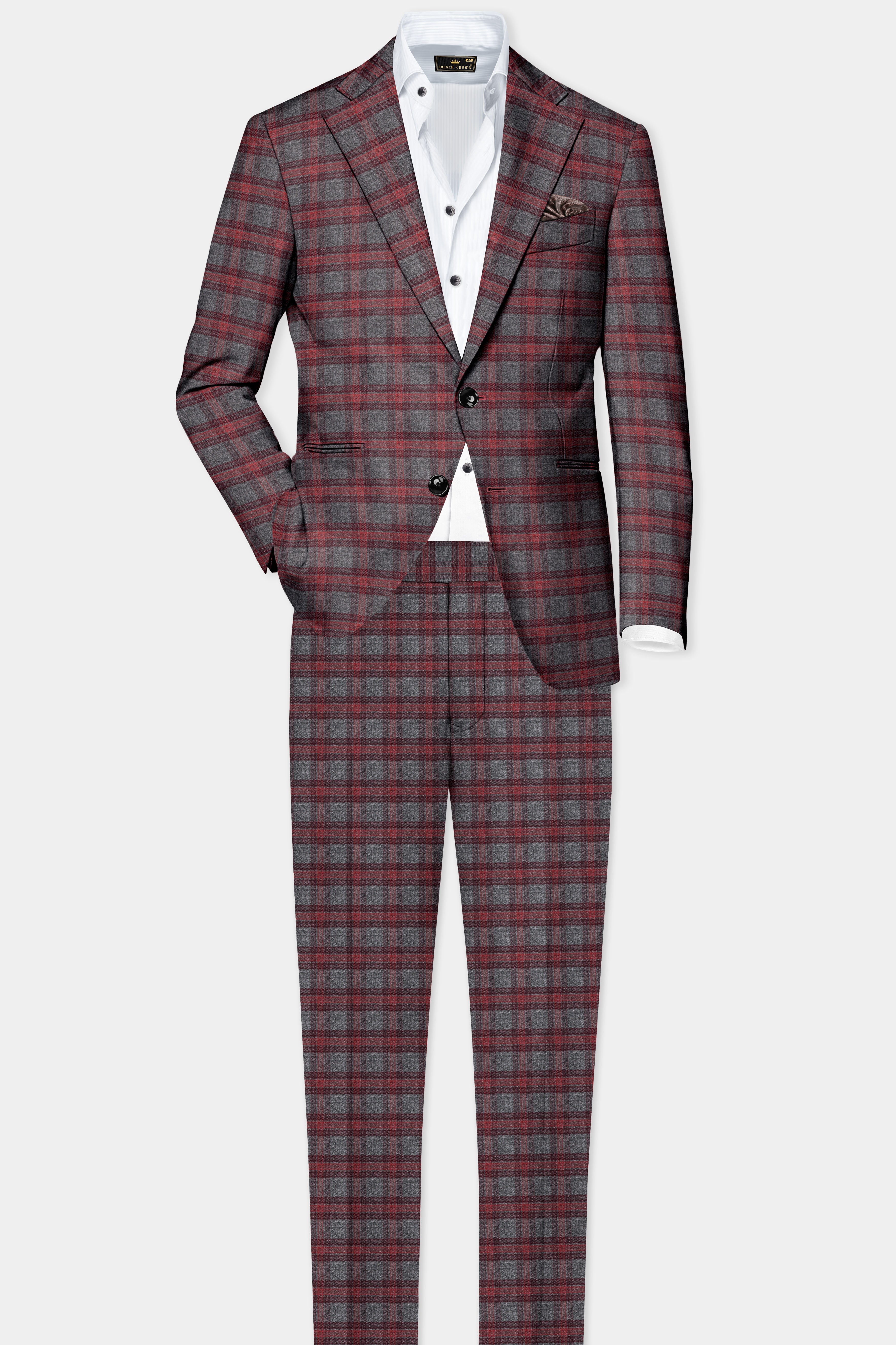 Tuscany-Chicago Gray And Tosca Red Plaid Tweed Single Breasted Blazer