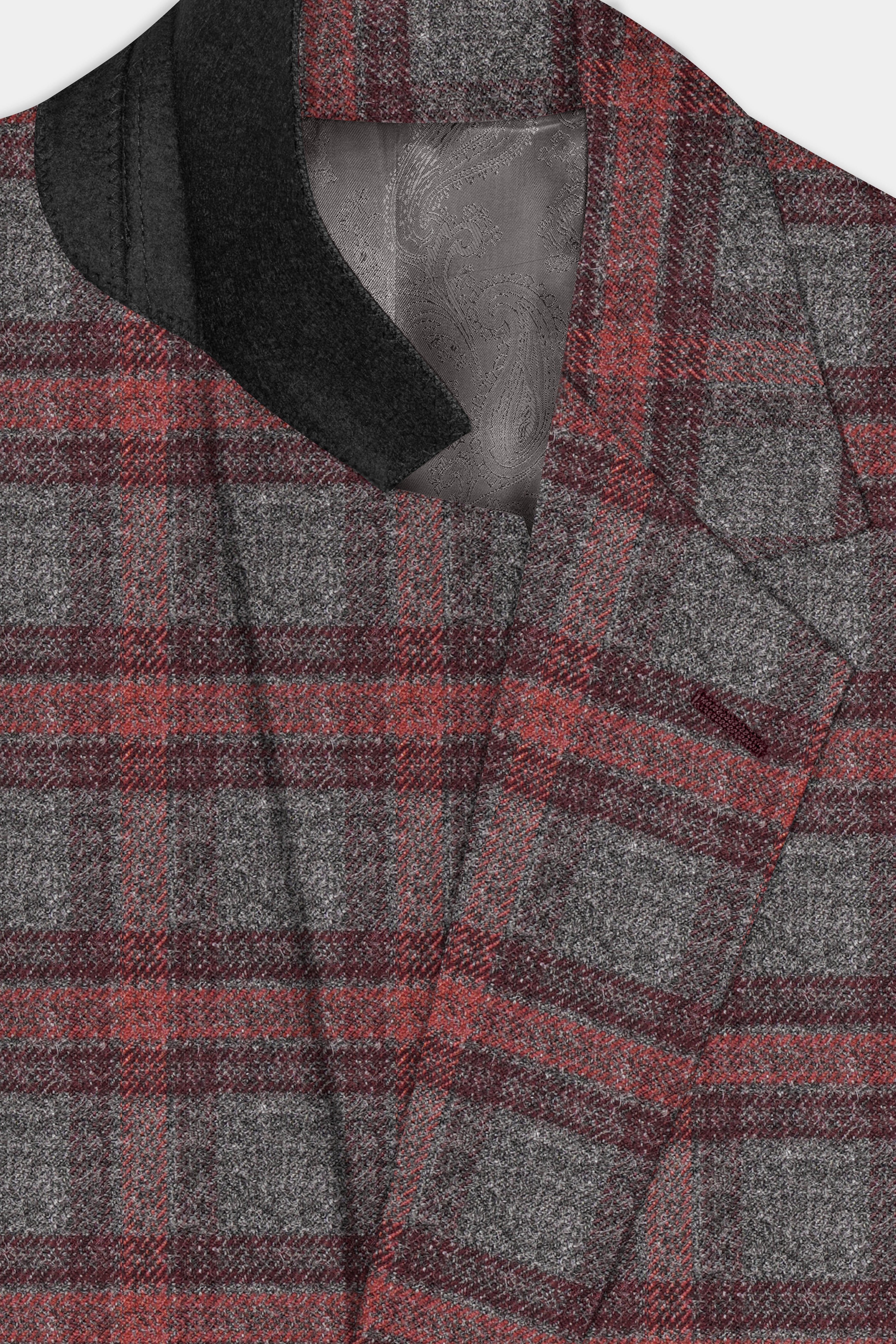 Tuscany-Chicago Gray And Tosca Red Plaid Tweed Single Breasted Blazer